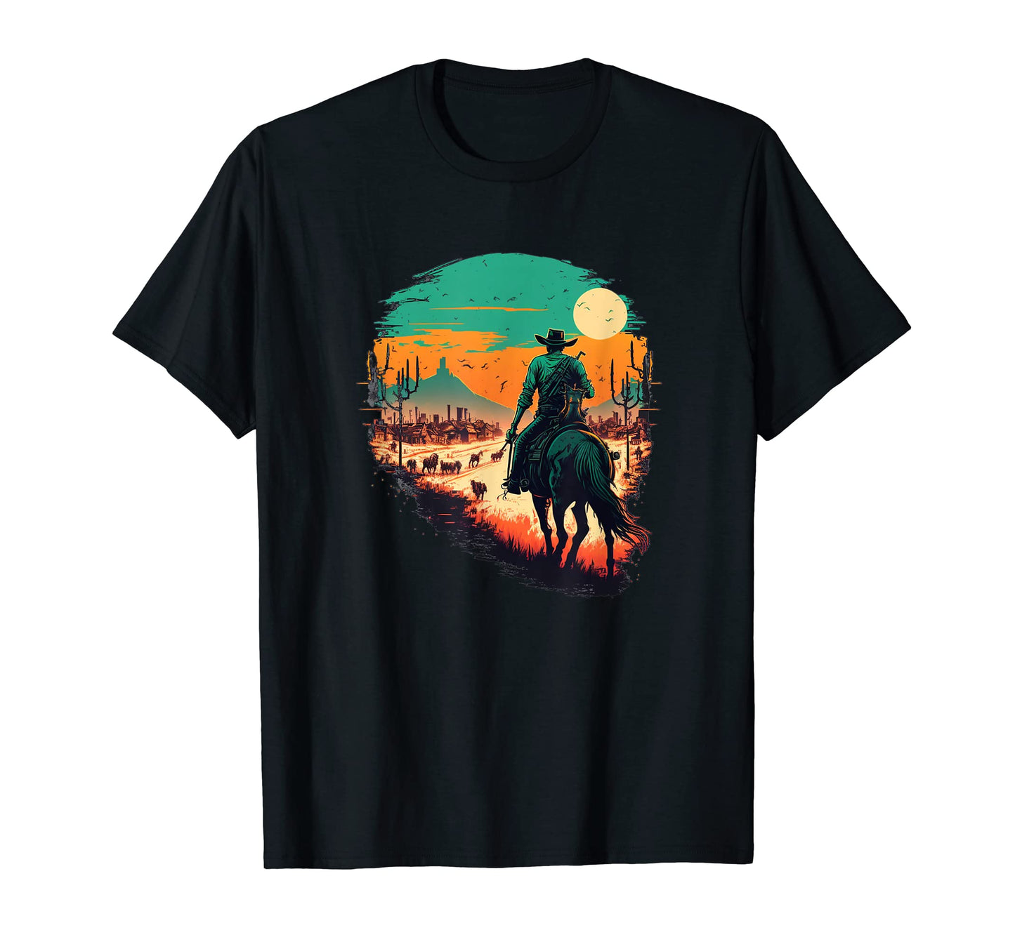 Cowboy Sunset Wild West Horse Riding T-Shirt - Graphic Print Unisex - T-Shirt, Sweatshirt, Hoodie