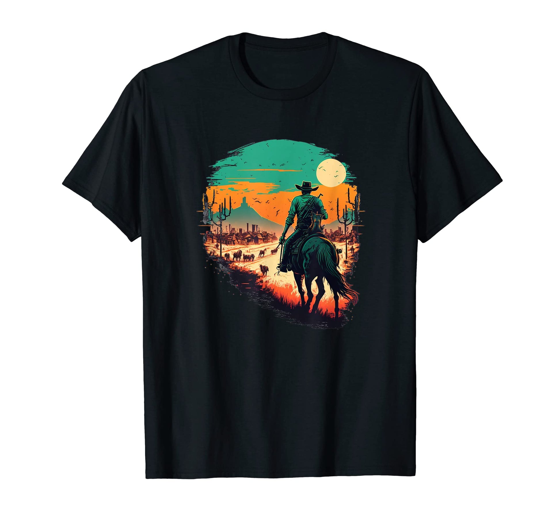 Cowboy Sunset Wild West Horse Riding T-Shirt - Graphic Print Unisex - T-Shirt, Sweatshirt, Hoodie