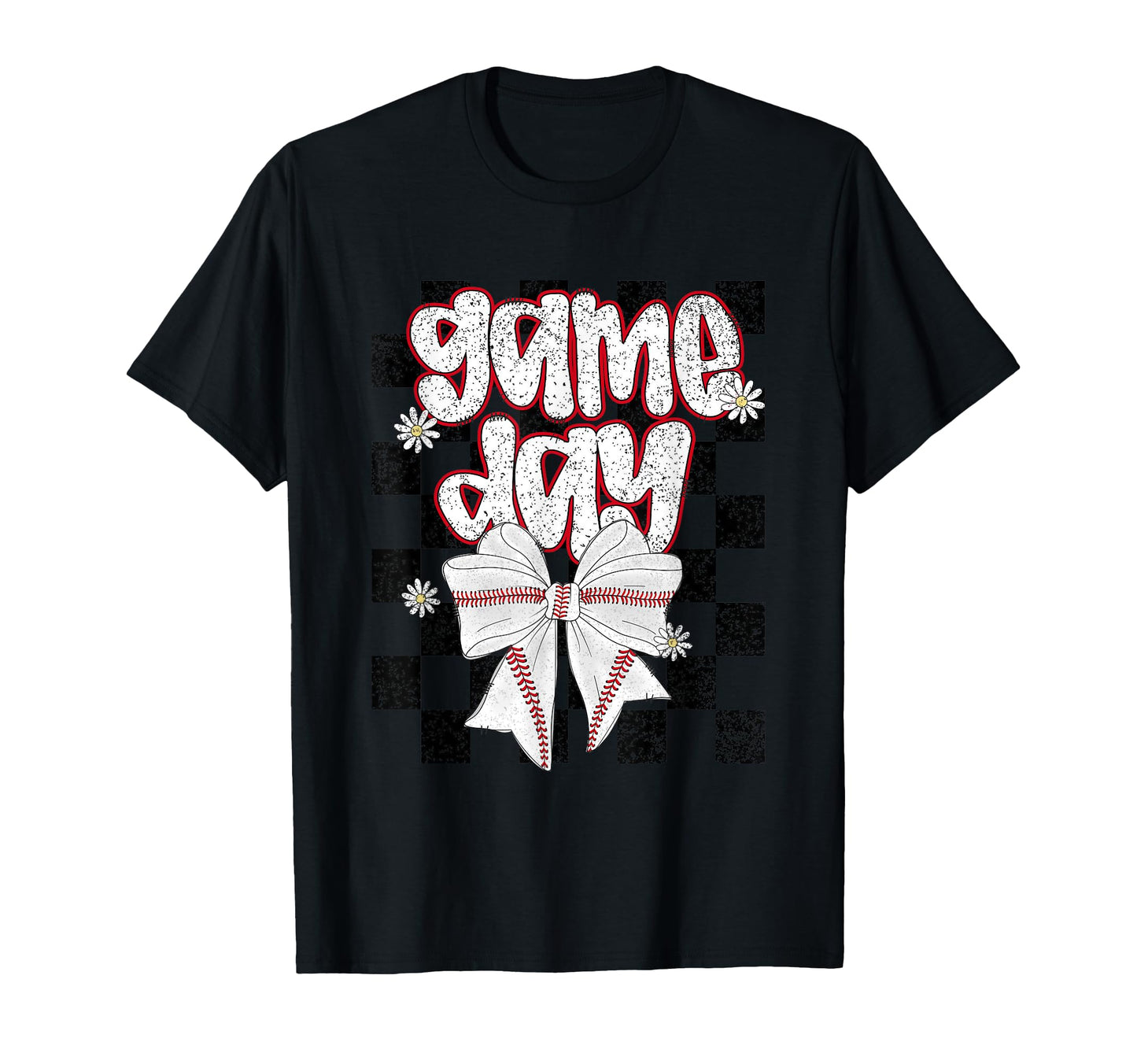 Game Day Baseball Bow Checkered T-Shirt - Unique Graphic for Adults - T-Shirt, Sweatshirt, Hoodie