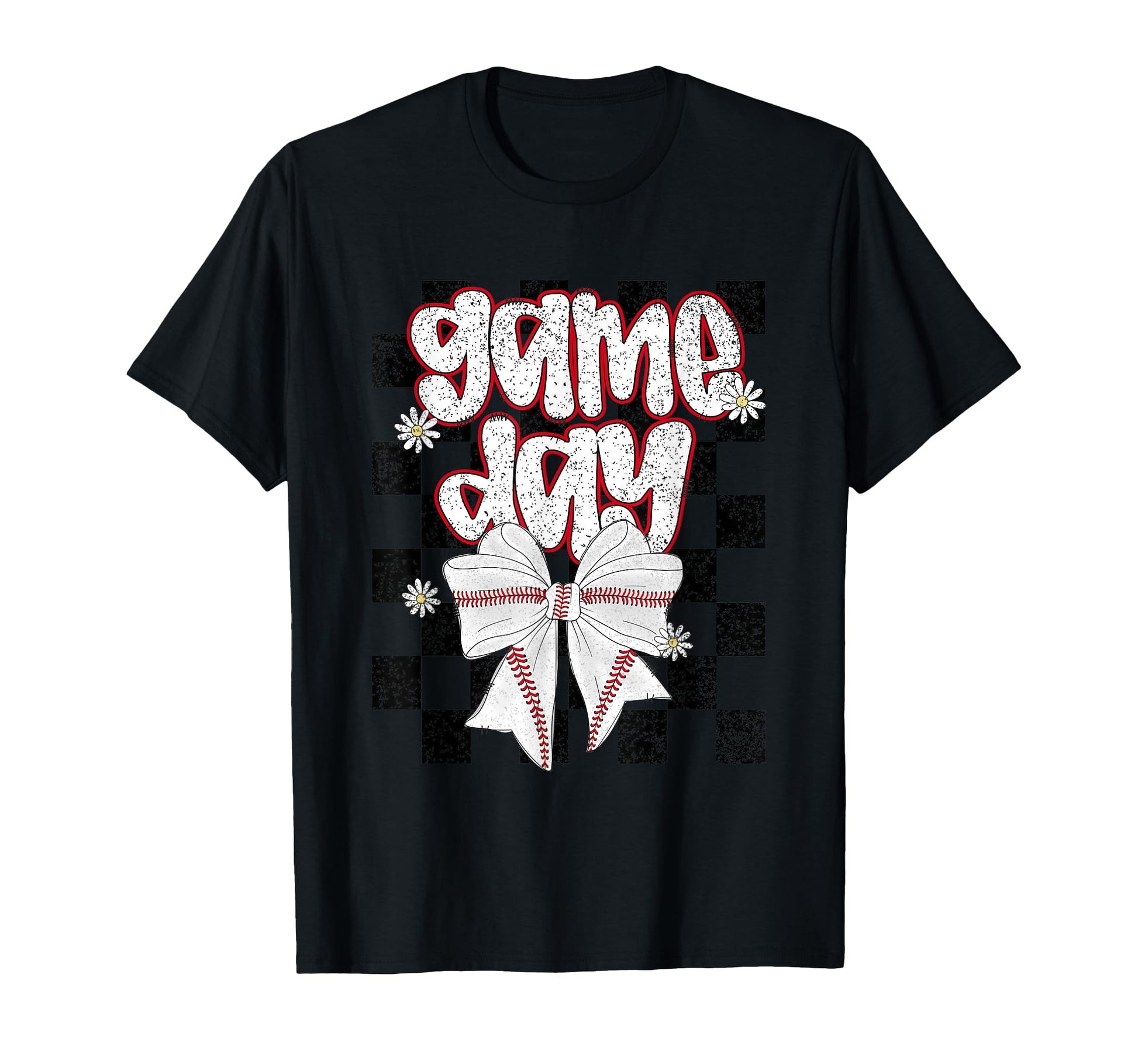 Game Day Baseball Bow Checkered T-Shirt - Unique Graphic for Adults - T-Shirt, Sweatshirt, Hoodie