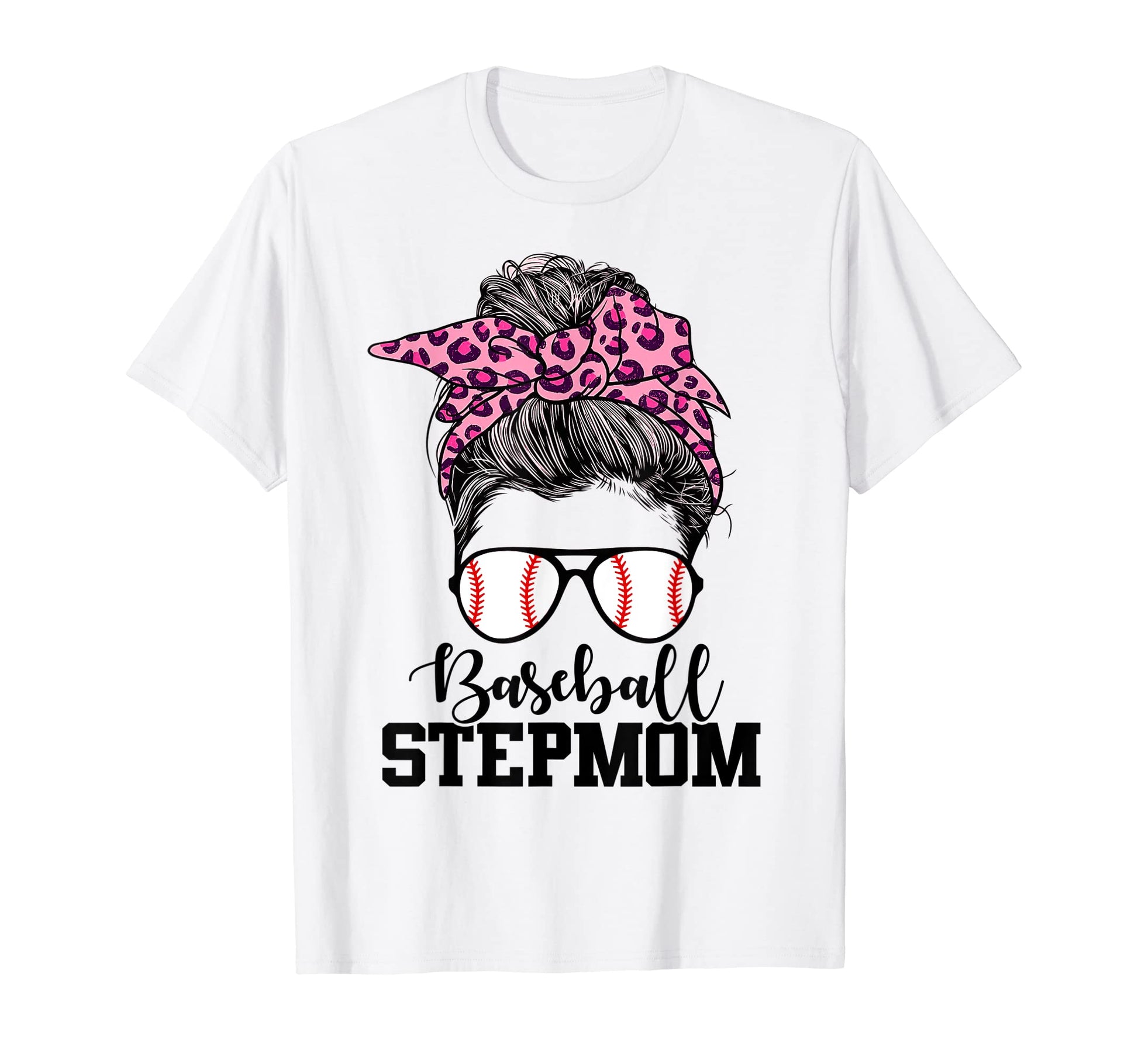 Baseball Stepmom Messy Bun Leopard Mom T-Shirt - Minimalist Print Unisex - T-Shirt, Sweatshirt, Hoodie