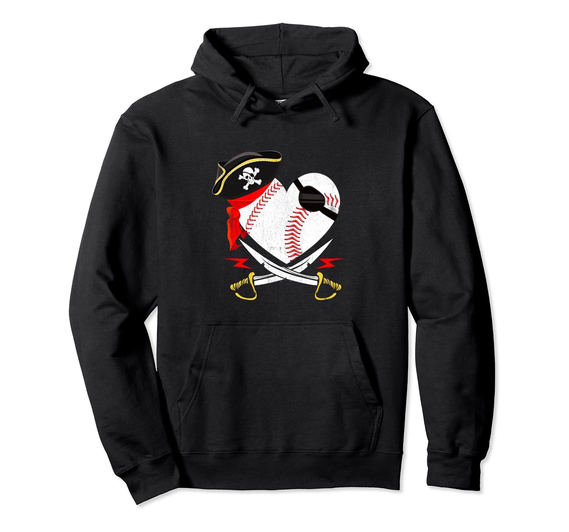 Pirate Baseball Softball Heart Skull Hoodie - Fun Novelty Design Men Women - T-Shirt, Sweatshirt, Hoodie