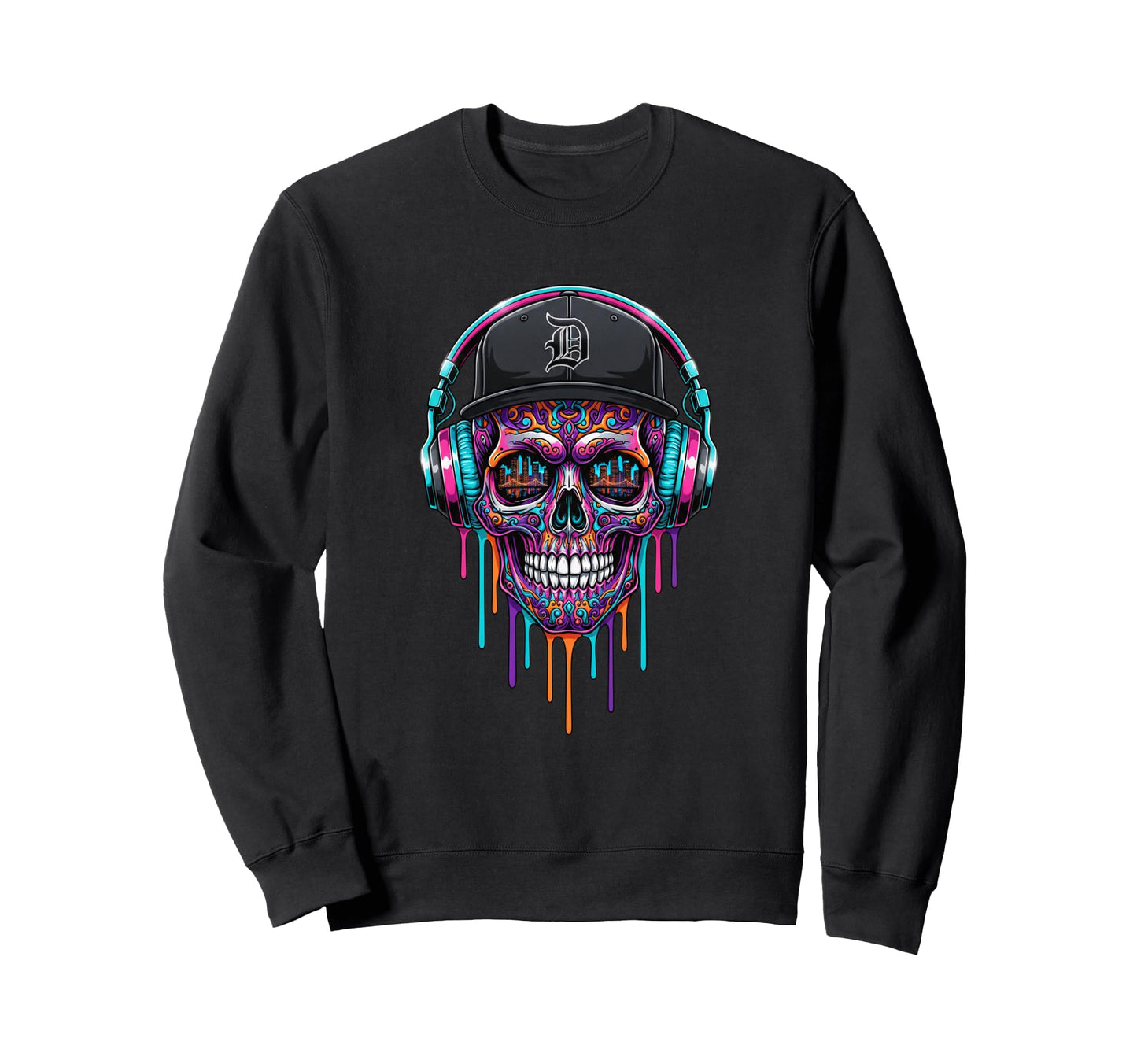 Baseball Drip Skull Headphones Sweatshirt - Fun Novelty Design Men Women - T-Shirt, Sweatshirt, Hoodie