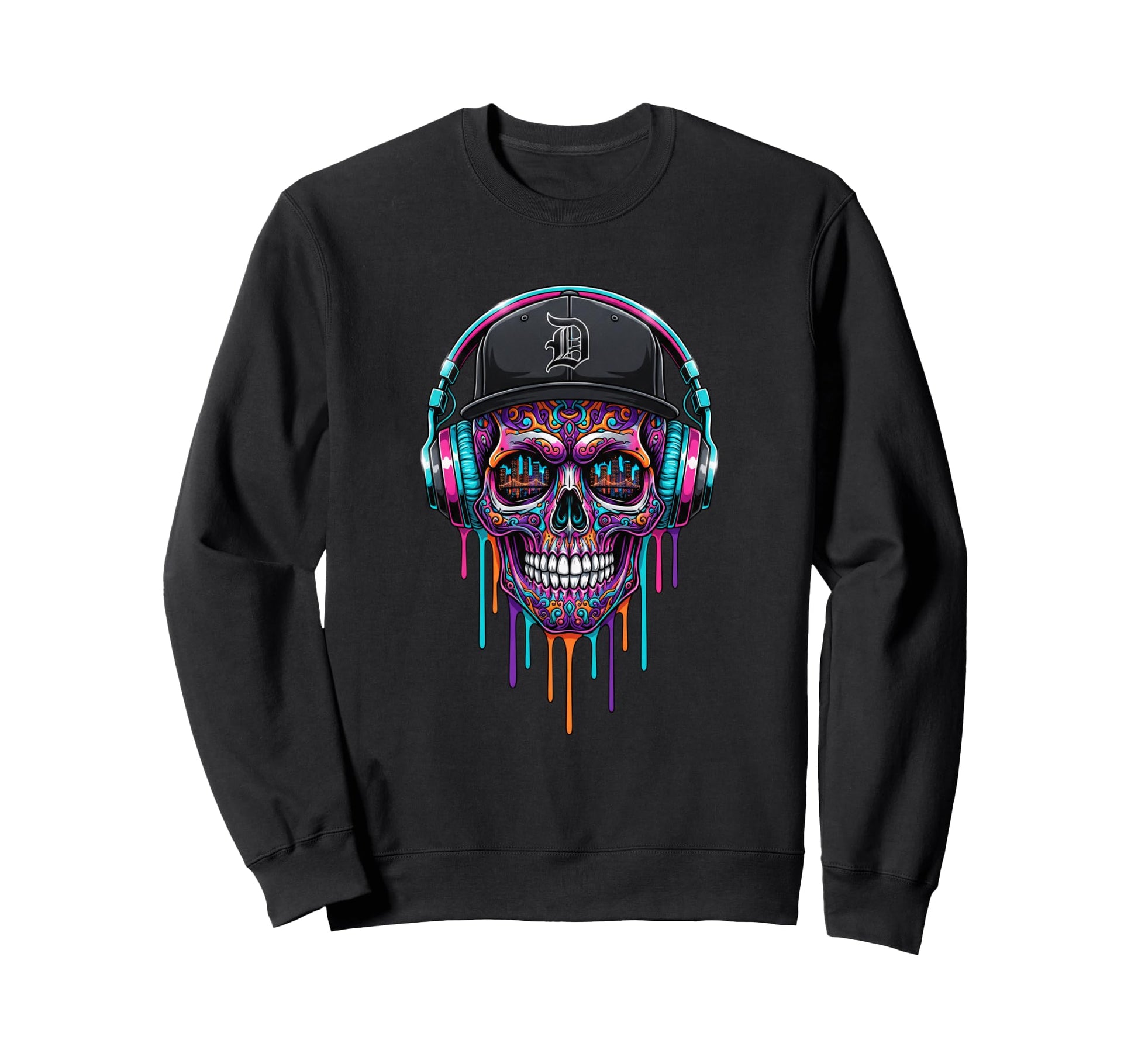 Baseball Drip Skull Headphones Sweatshirt - Fun Novelty Design Men Women - T-Shirt, Sweatshirt, Hoodie