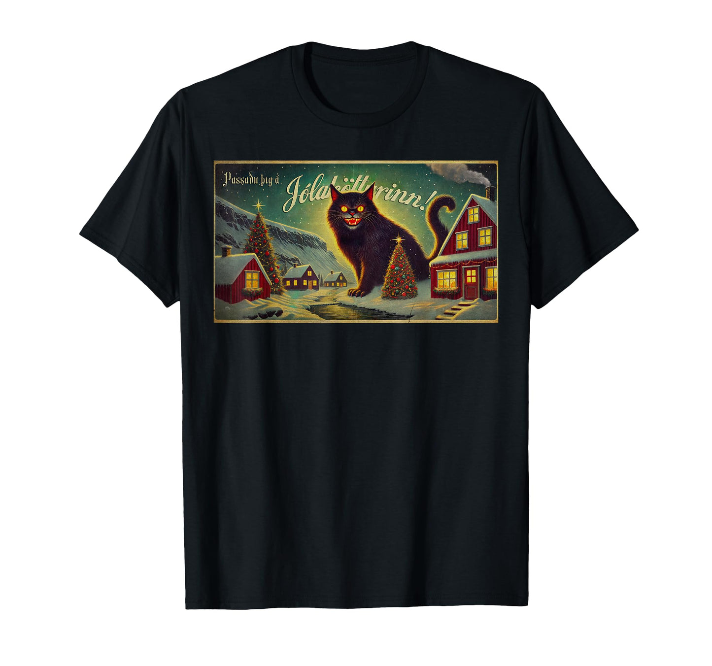 Yule Cat Icelandic Folklore Postcard T-Shirt - Casual Everyday Wear Unisex - T-Shirt, Sweatshirt, Hoodie