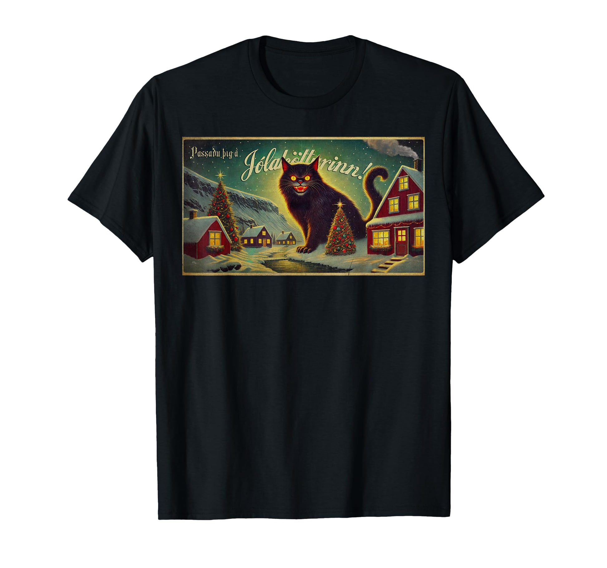 Yule Cat Icelandic Folklore Postcard T-Shirt - Casual Everyday Wear Unisex - T-Shirt, Sweatshirt, Hoodie