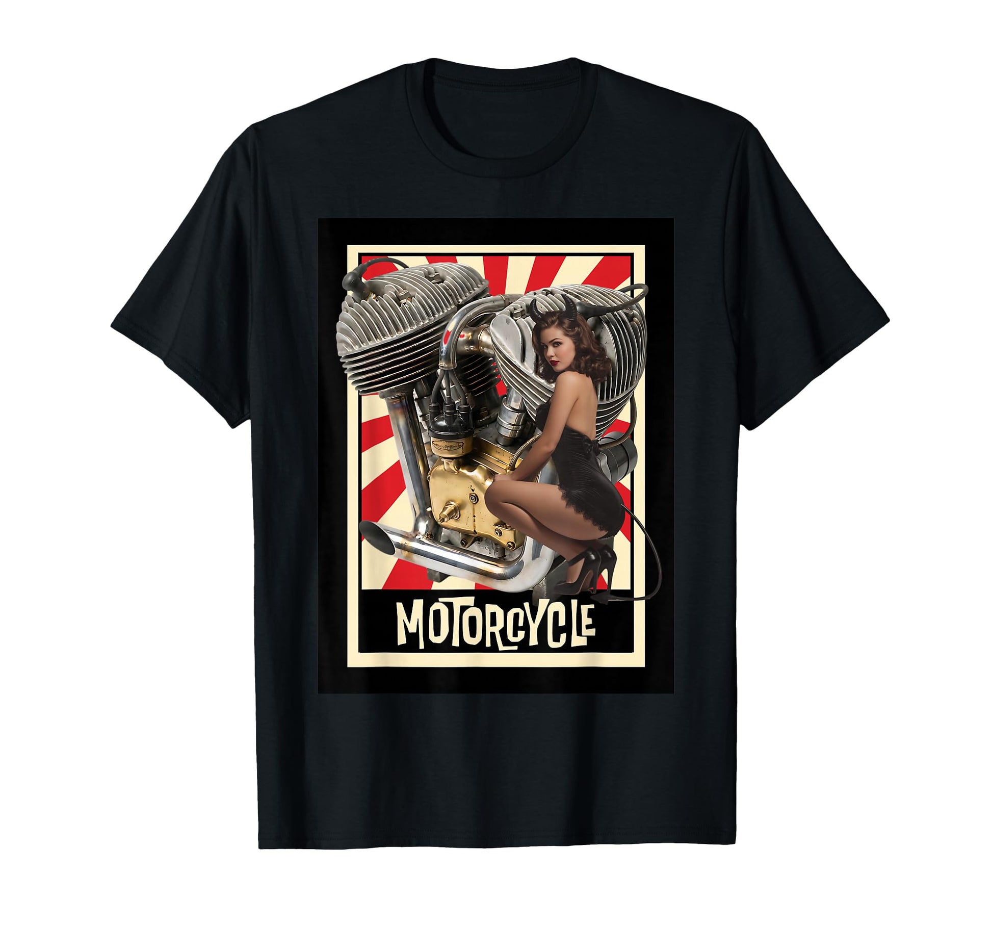 Pin Up Devil Motorcycle Engine T-Shirt - Minimalist Print Unisex - T-Shirt, Sweatshirt, Hoodie