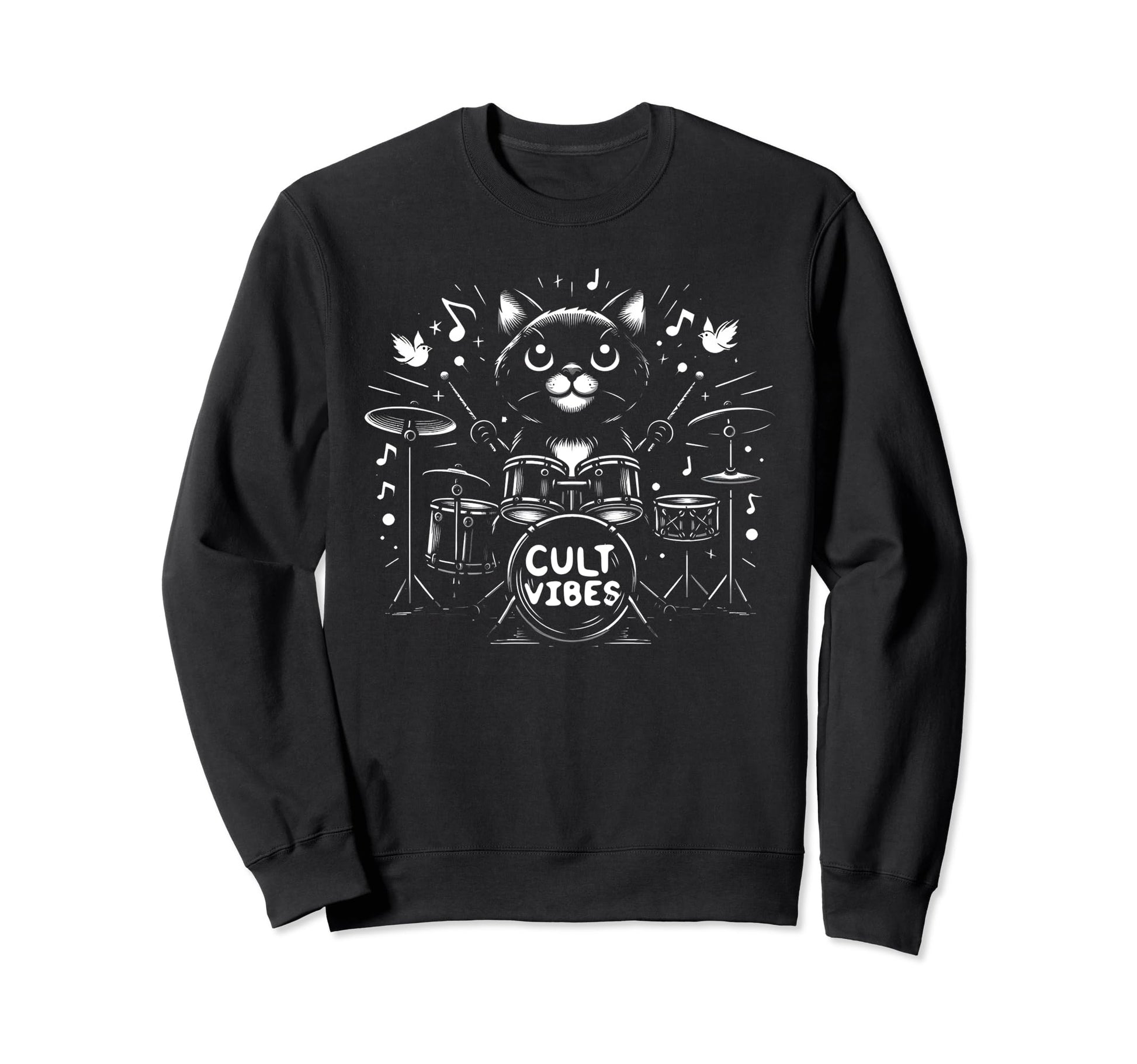 Goth Black Cat Playing Drums Rock Band Sweatshirt - Graphic Print Unisex - T-Shirt, Sweatshirt, Hoodie