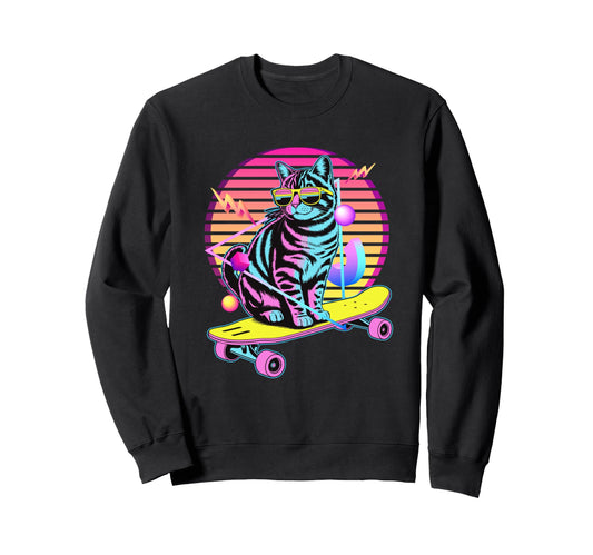 80S Synthwave Cat Skater Sweatshirt - Fun Novelty Design Men Women - T-Shirt, Sweatshirt, Hoodie
