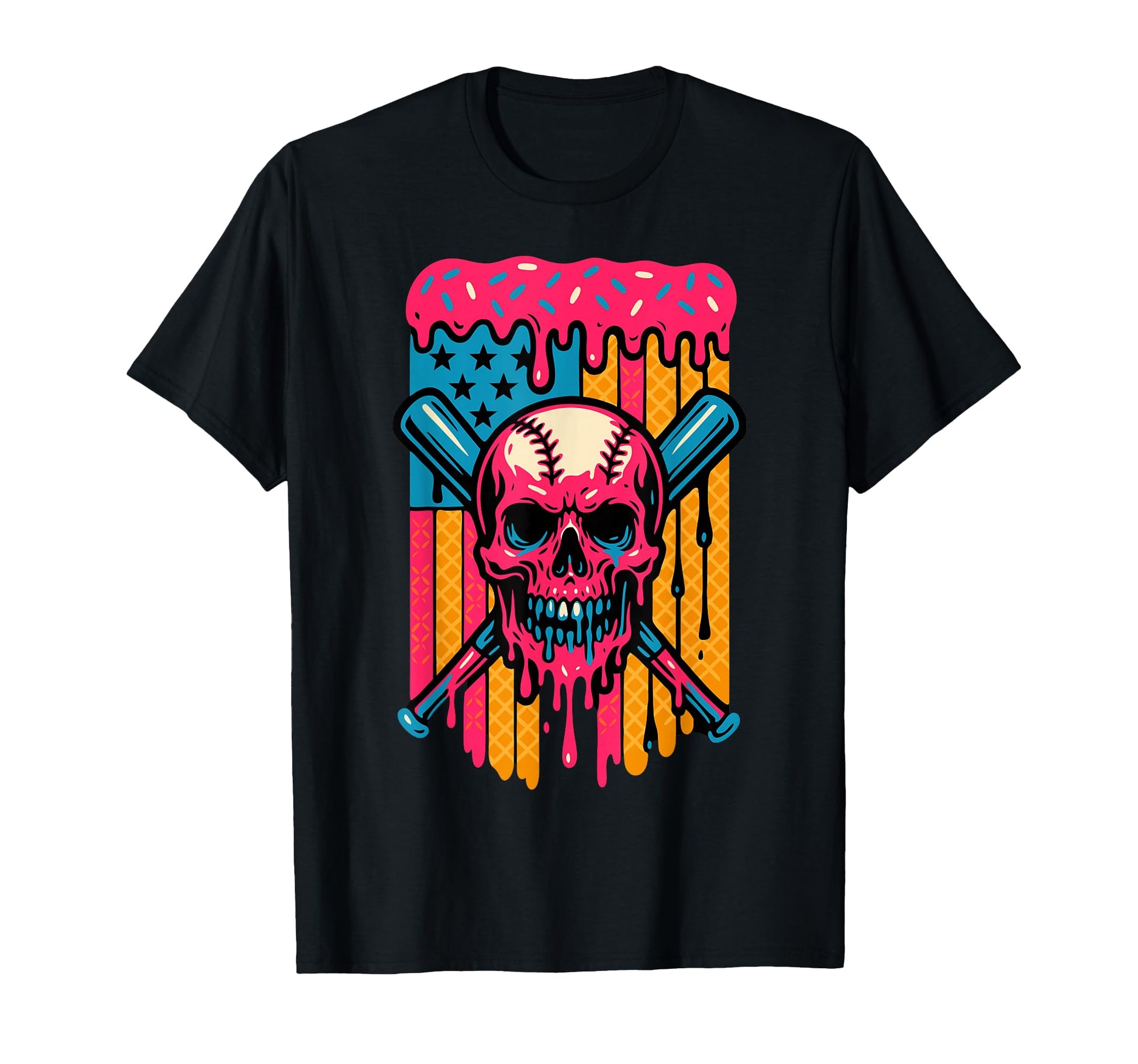 Dripping Baseball Skull Usa Flag T-Shirt - Casual Everyday Wear Unisex - T-Shirt, Sweatshirt, Hoodie