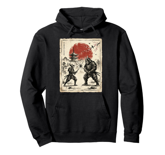 Alien Vs Bigfoot Samurai Duel Japanese Art Hoodie - Minimalist Print Unisex - T-Shirt, Sweatshirt, Hoodie