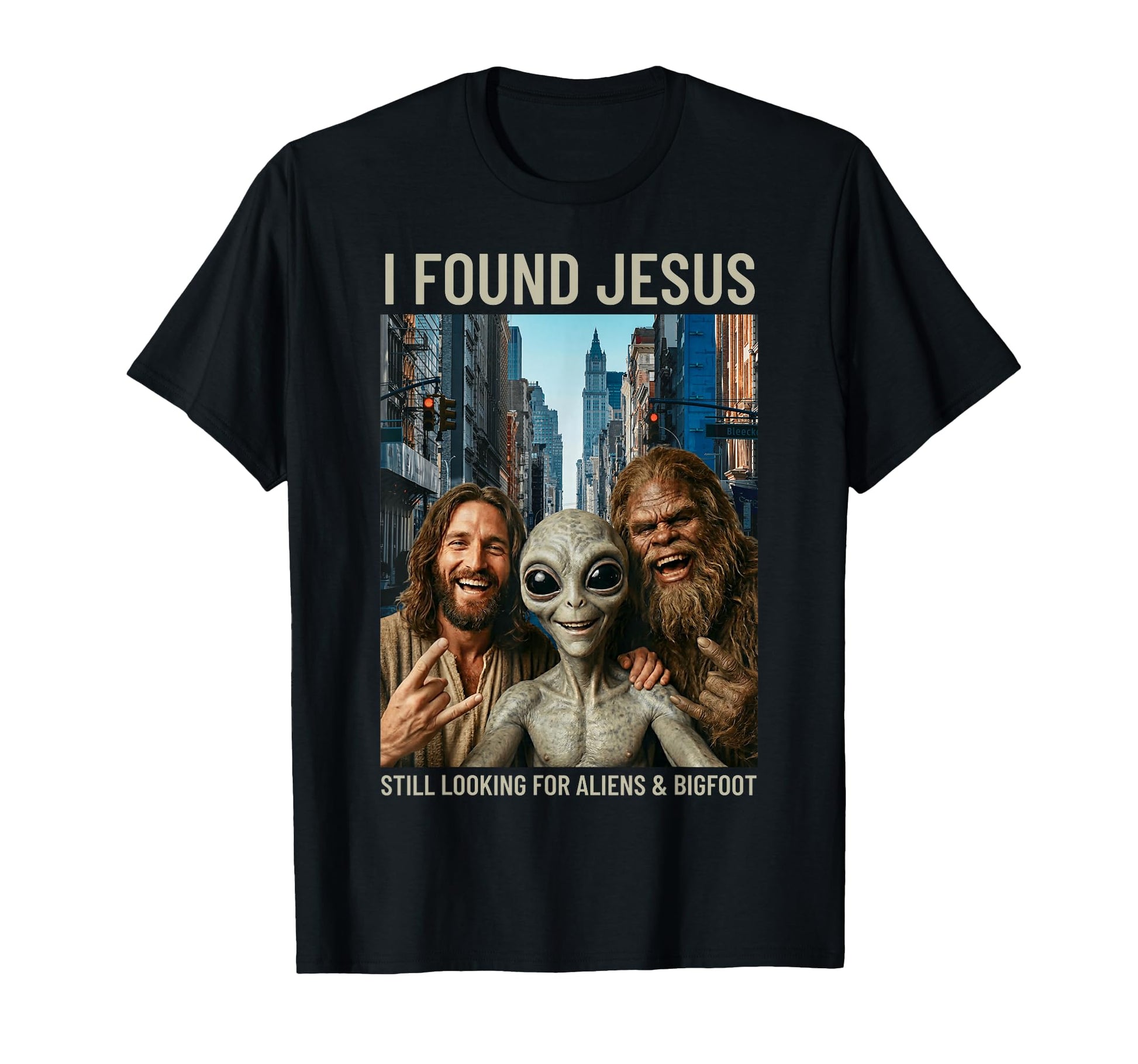 Funny Bigfoot Alien Jesus Rock Hand T-Shirt - Aesthetic Graphic Unisex - T-Shirt, Sweatshirt, Hoodie