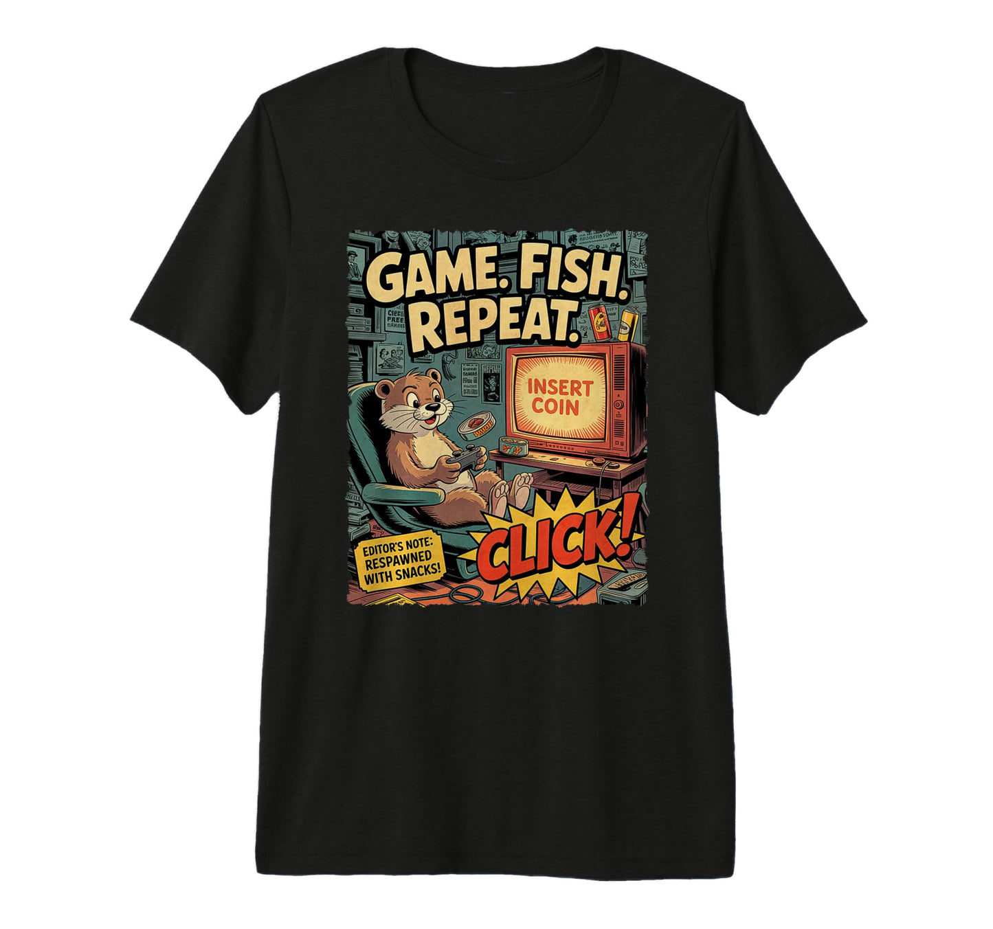 Funny Otter Gamer Comic Game Fish Repeat T-Shirt - Graphic Print Unisex - T-Shirt, Sweatshirt, Hoodie