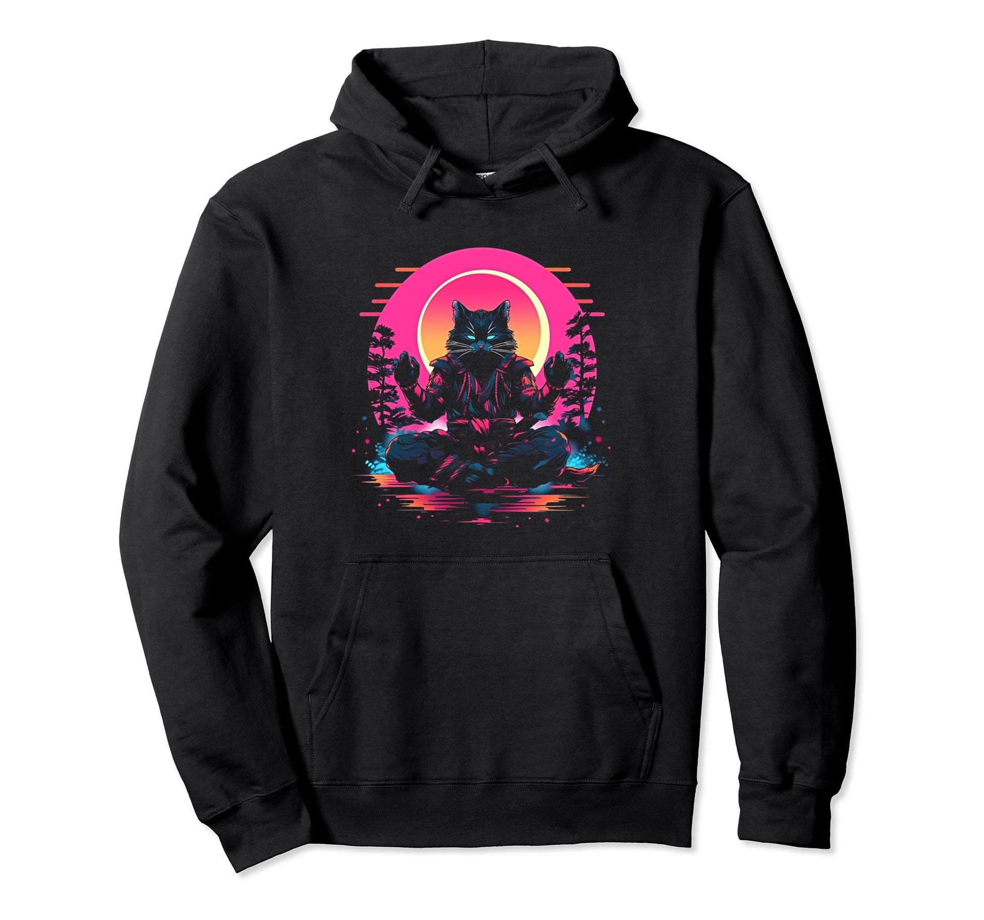 Synthwave Cat Samurai Mediation Hoodie - Unique Graphic Men Women - T-Shirt, Sweatshirt, Hoodie
