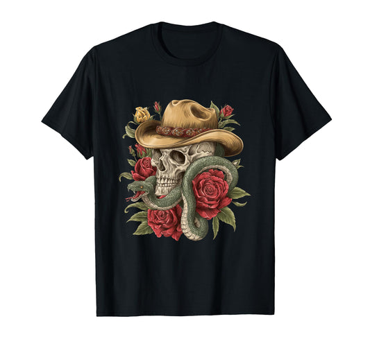 Aesthetic Western Skull Snake Cowboy T-Shirt - Minimalist Print for Adults - T-Shirt, Sweatshirt, Hoodie