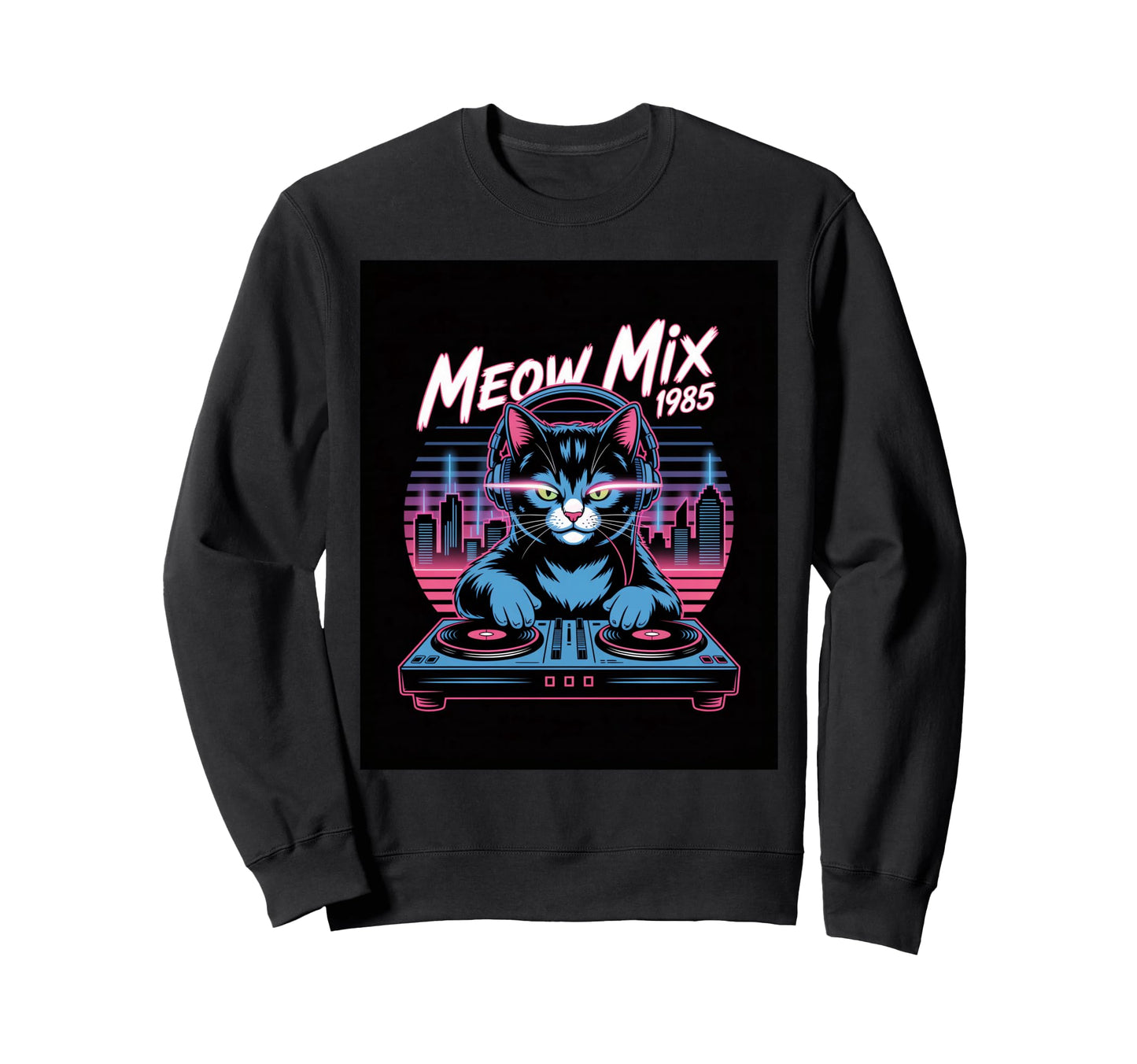 Synthwave Meow Mix 1985 Dj Cat Sweatshirt - Minimalist Print Men Women - T-Shirt, Sweatshirt, Hoodie