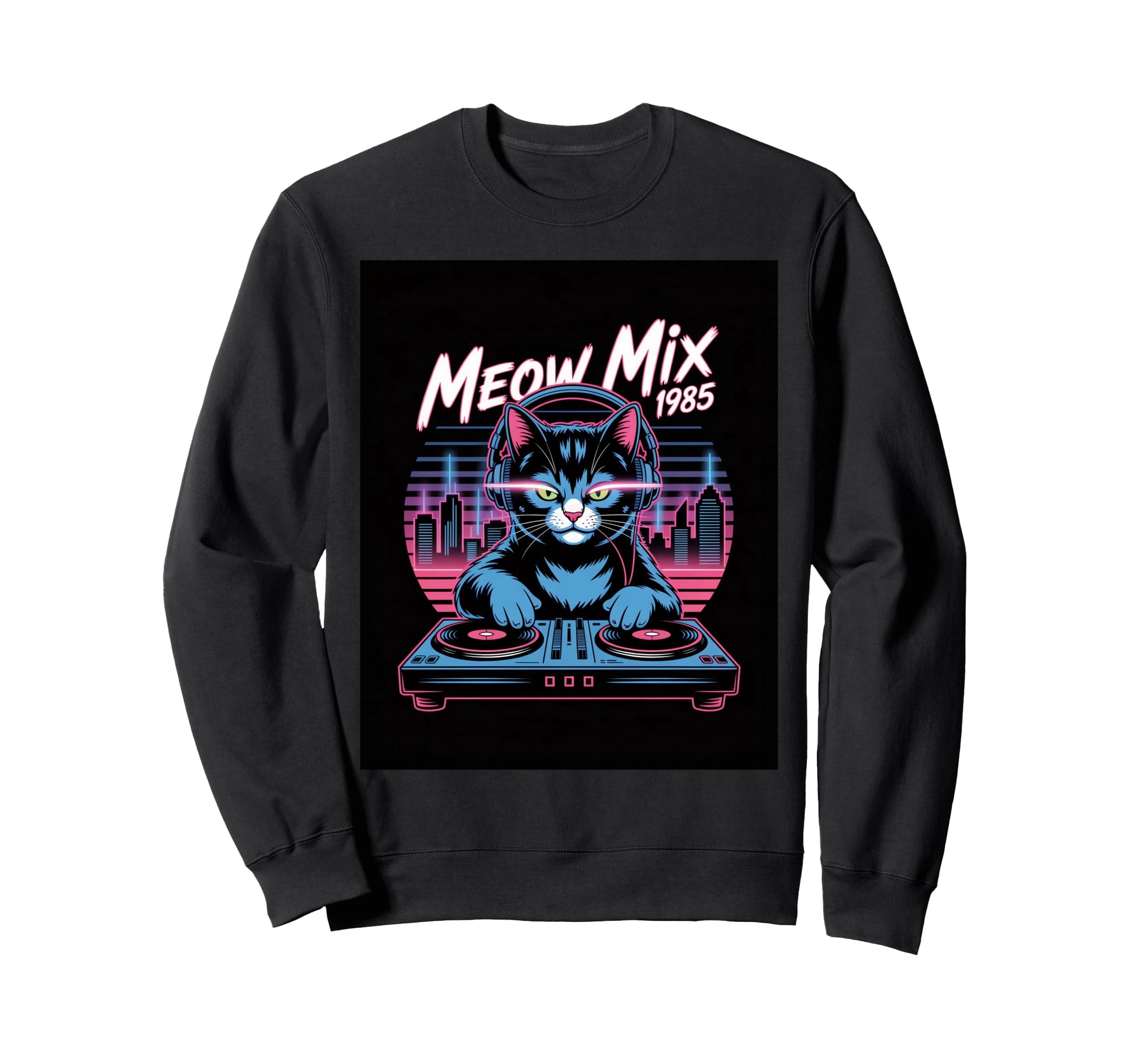 Synthwave Meow Mix 1985 Dj Cat Sweatshirt - Minimalist Print Men Women - T-Shirt, Sweatshirt, Hoodie