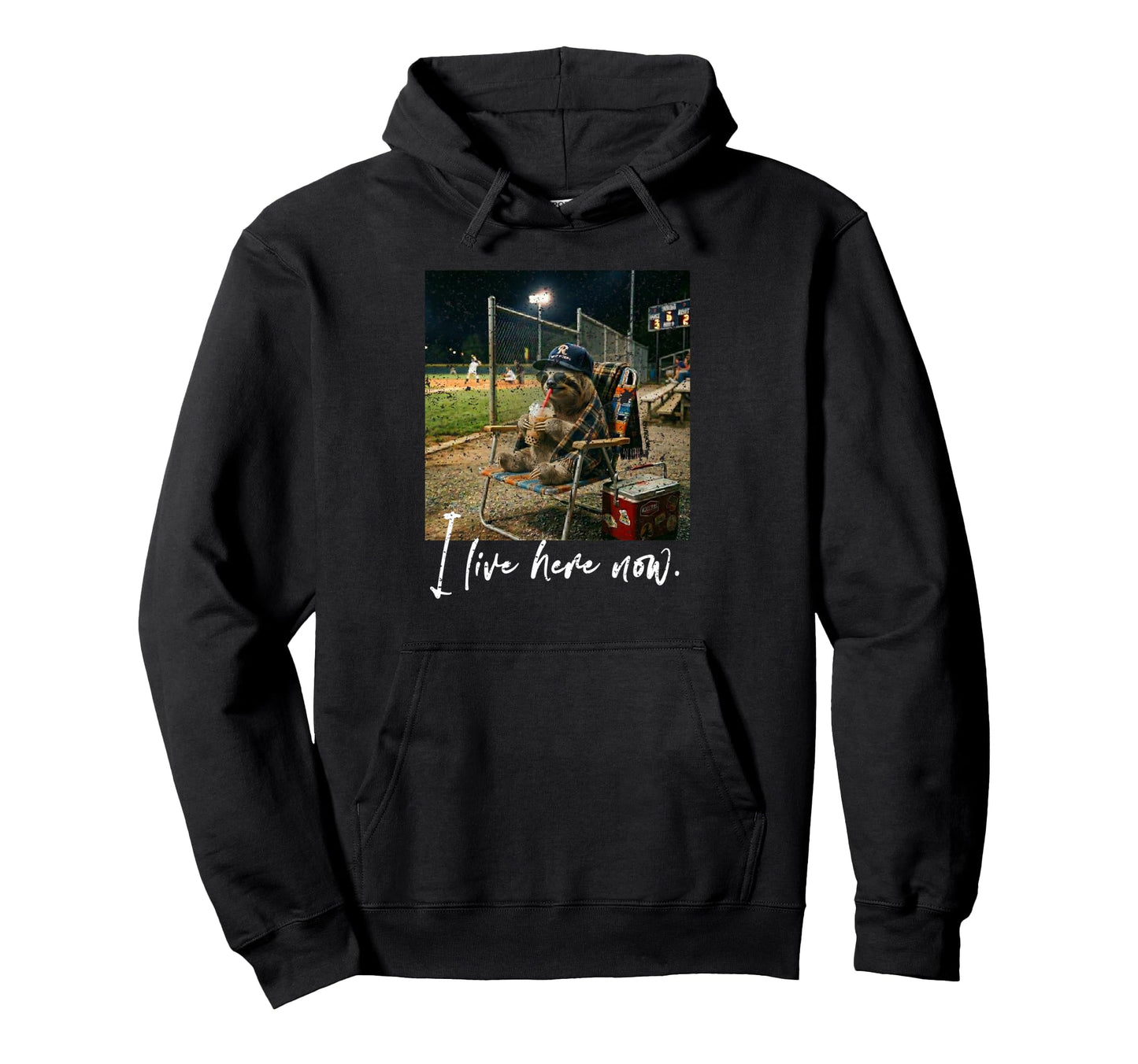 Distressed I Live Here Now Sloth Baseball Hoodie - Minimalist Print Unisex - T-Shirt, Sweatshirt, Hoodie