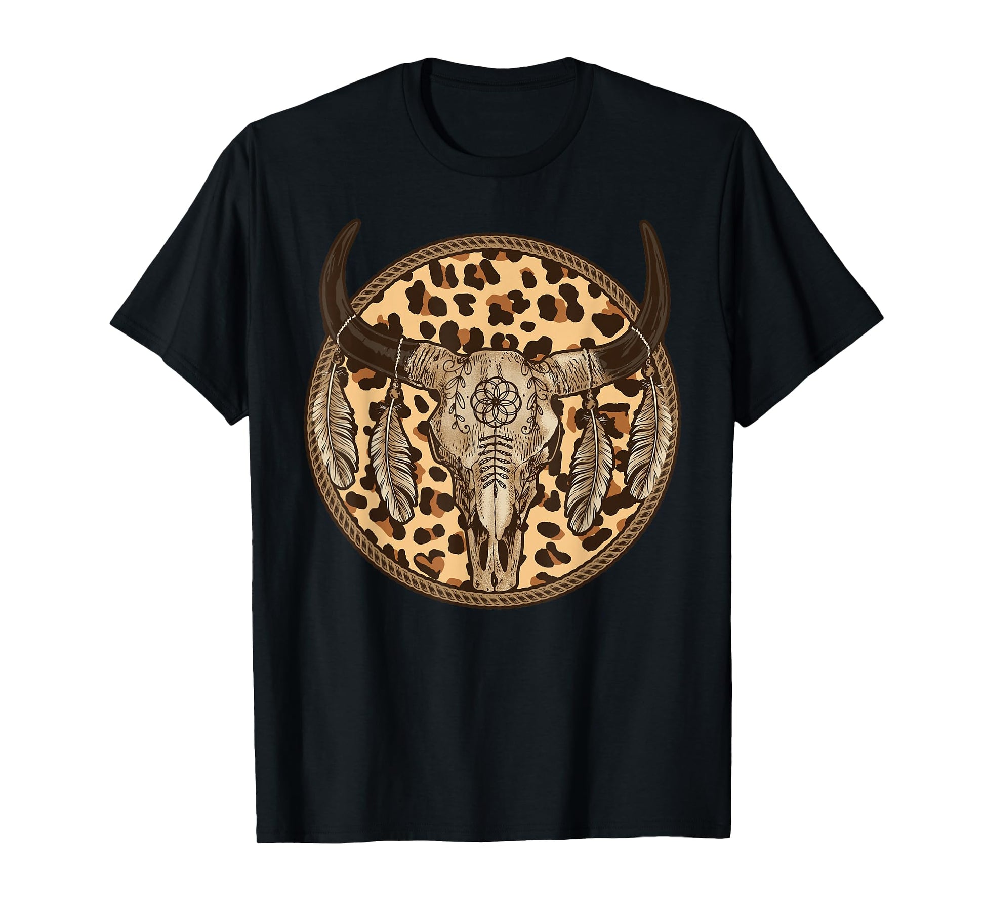Leopard Boho Longhorn Skull T-Shirt - Fun Novelty Design for Adults - T-Shirt, Sweatshirt, Hoodie
