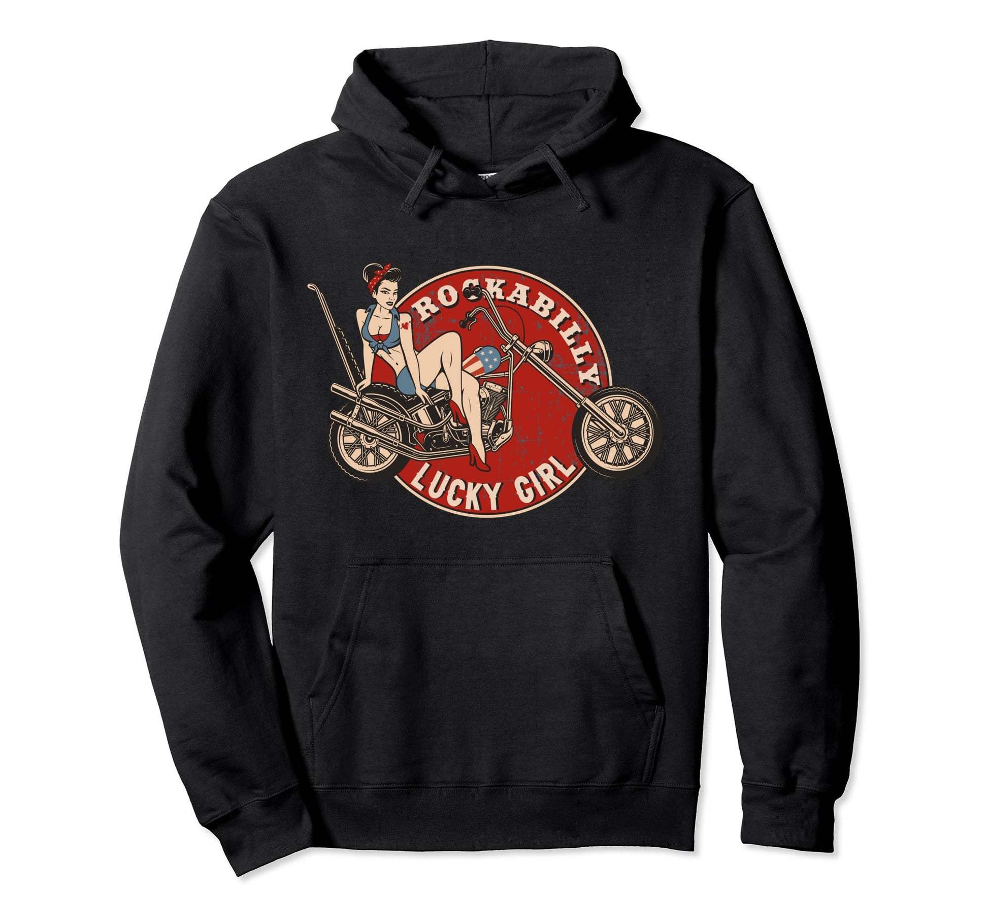 Motorcycle Pinup Old School Rockabilly Lucky Hoodie - Graphic Print Unisex - T-Shirt, Sweatshirt, Hoodie