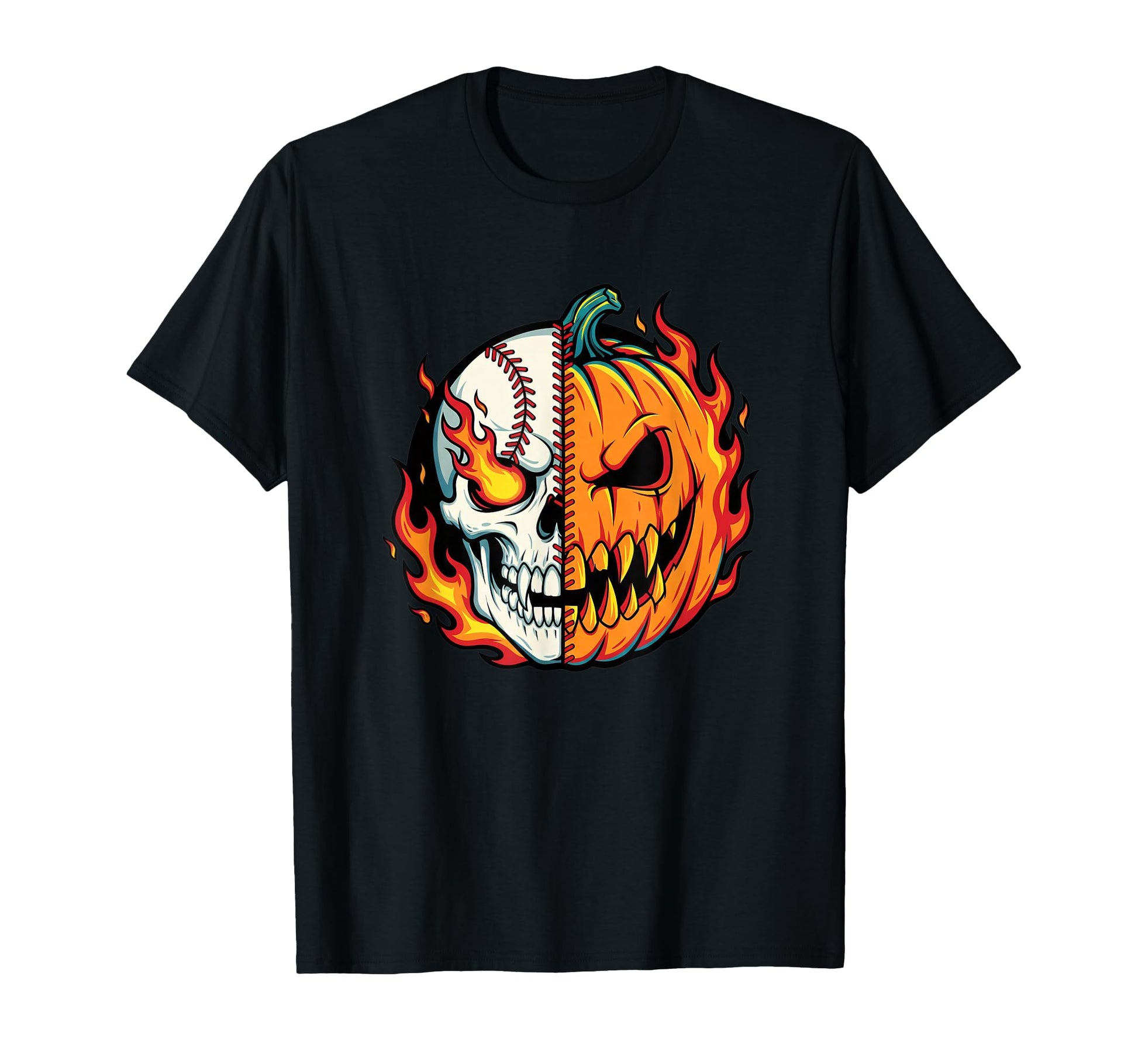 Halloween Pumpkin Skull Baseball Flaming T-Shirt - Trendy Graphic Unisex - T-Shirt, Sweatshirt, Hoodie