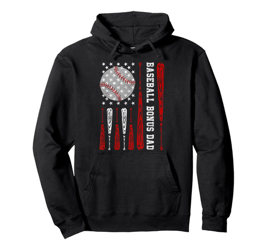 Baseball Bonus Dad American Flag Hoodie - Unique Graphic for Adults - T-Shirt, Sweatshirt, Hoodie