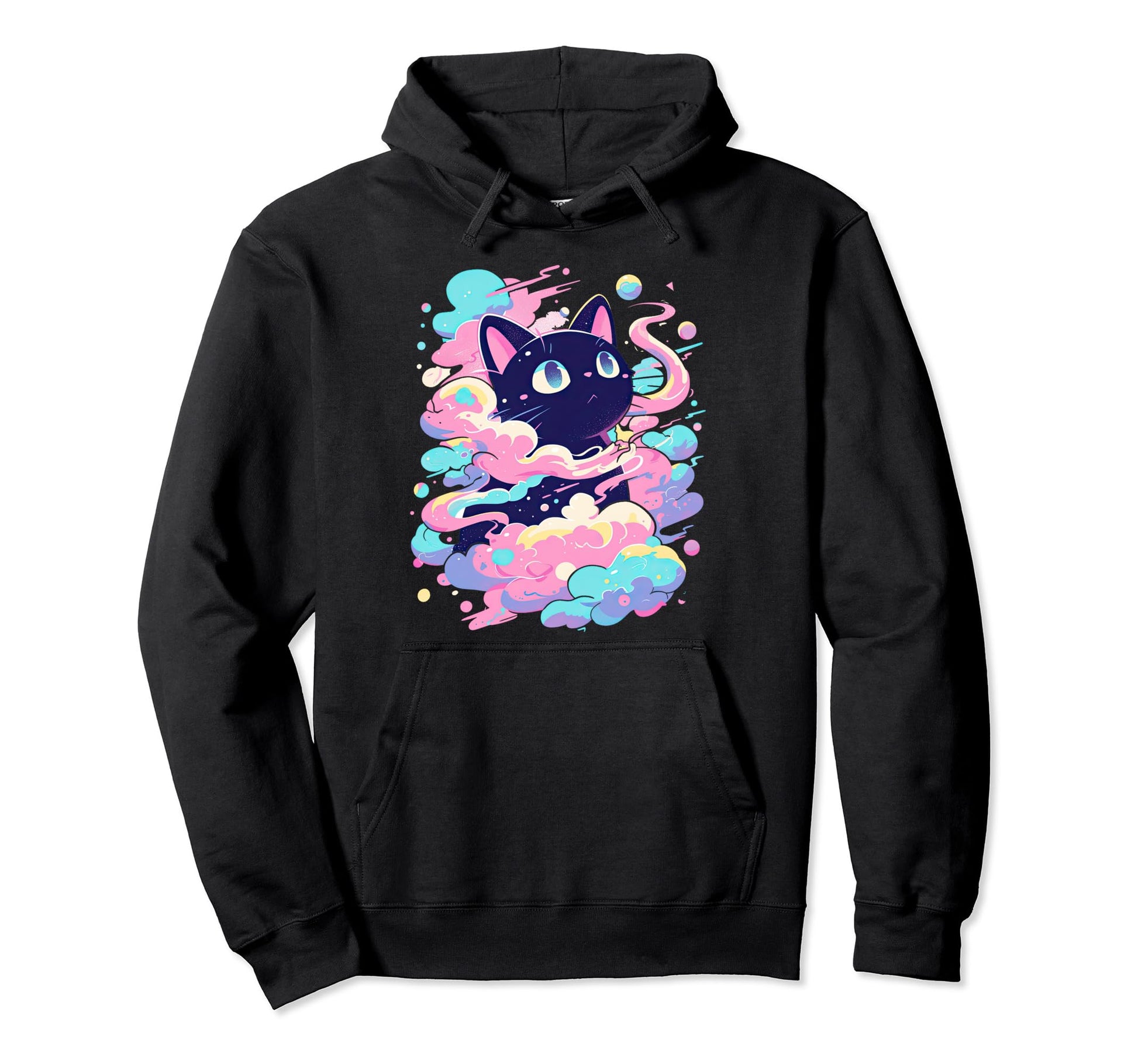 Kawaii Black Cat Pastel Cloud Y2K Hoodie - Custom Art Print Men Women - T-Shirt, Sweatshirt, Hoodie