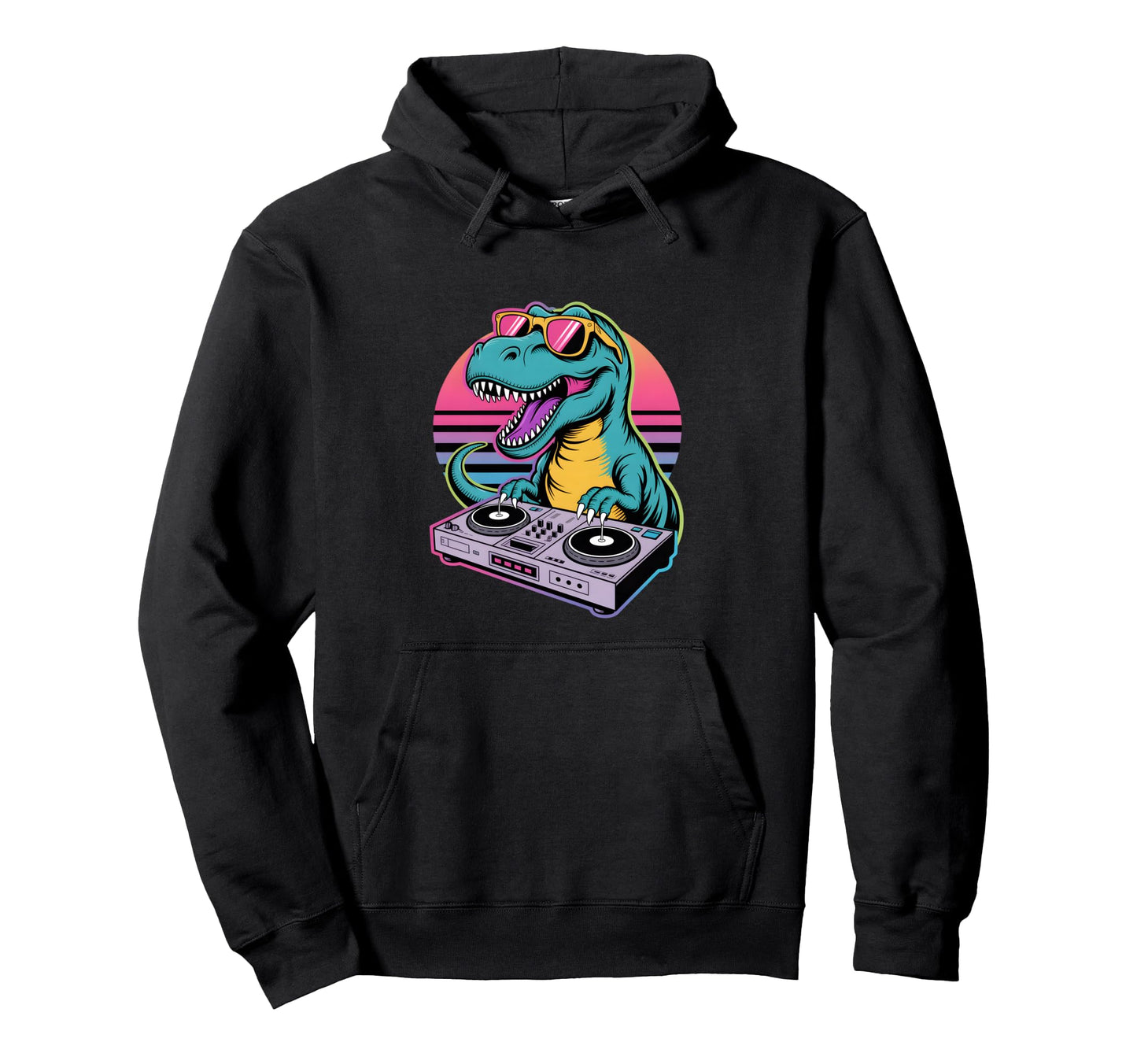 Funny Dj Dinosaur Turntable Synthwave Hoodie - Graphic Print for Adults - T-Shirt, Sweatshirt, Hoodie