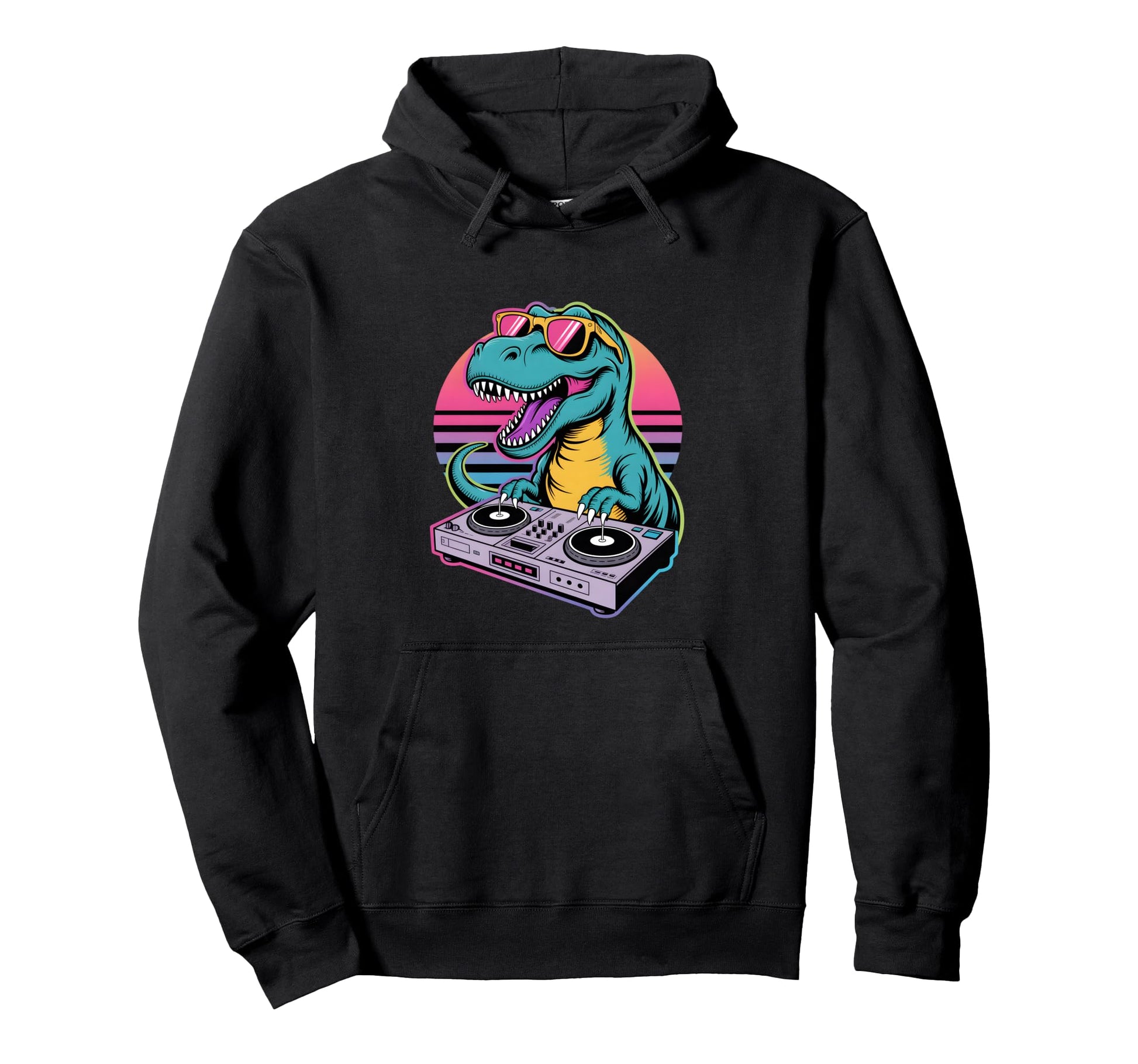 Funny Dj Dinosaur Turntable Synthwave Hoodie - Graphic Print for Adults - T-Shirt, Sweatshirt, Hoodie