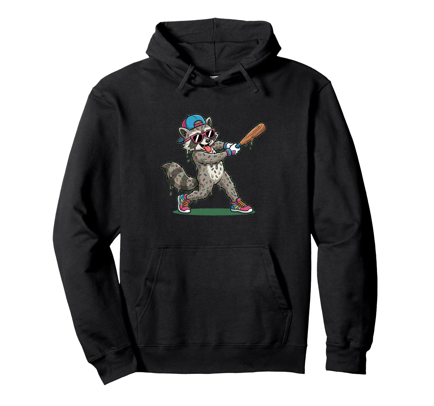 Funny Baseball Raccoon Donut Sprinkle Hoodie - Novelty Apparel Men Women - T-Shirt, Sweatshirt, Hoodie