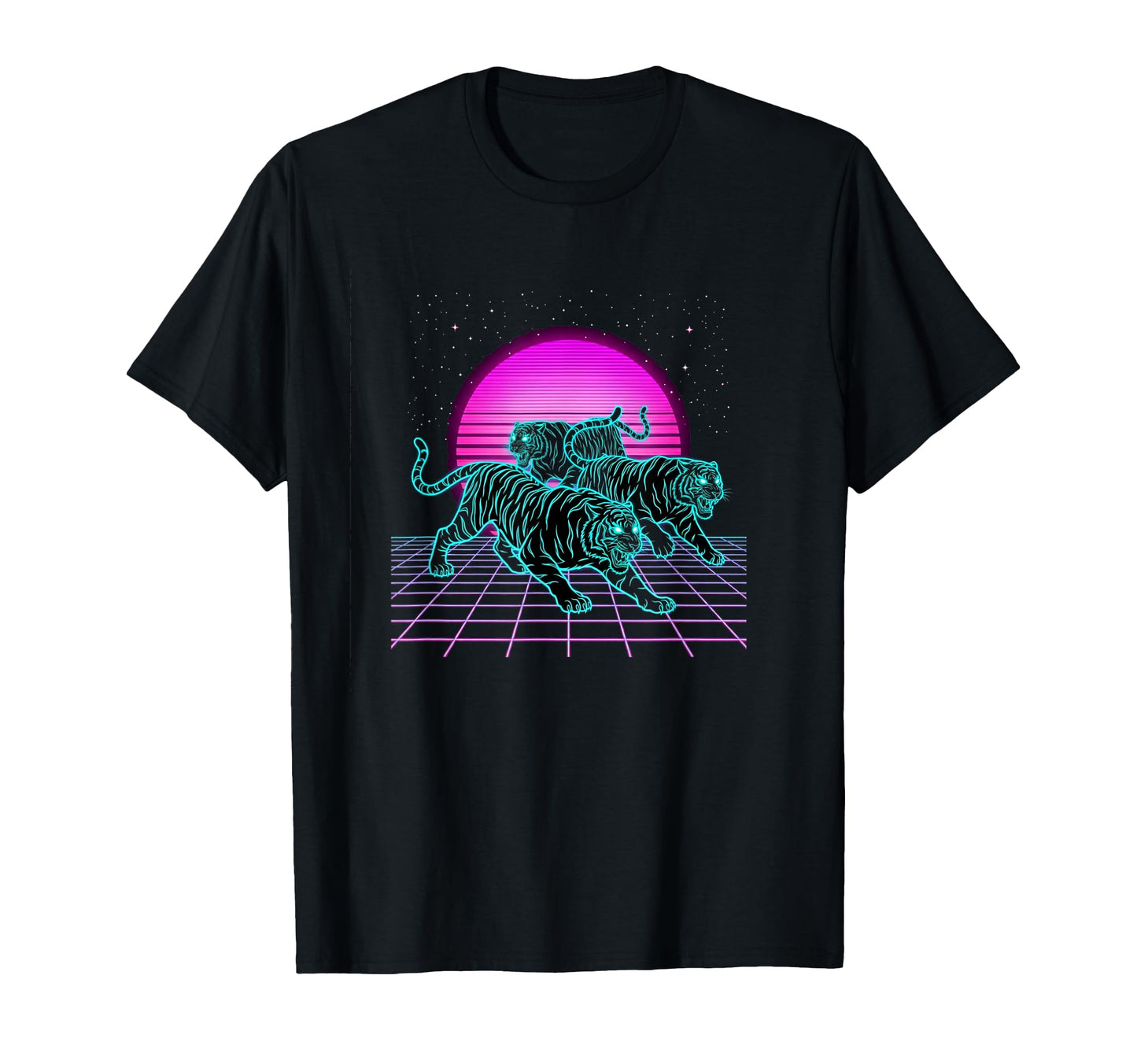 Three Running Tigers Retrowave T-Shirt - Fun Novelty Design Men Women - T-Shirt, Sweatshirt, Hoodie