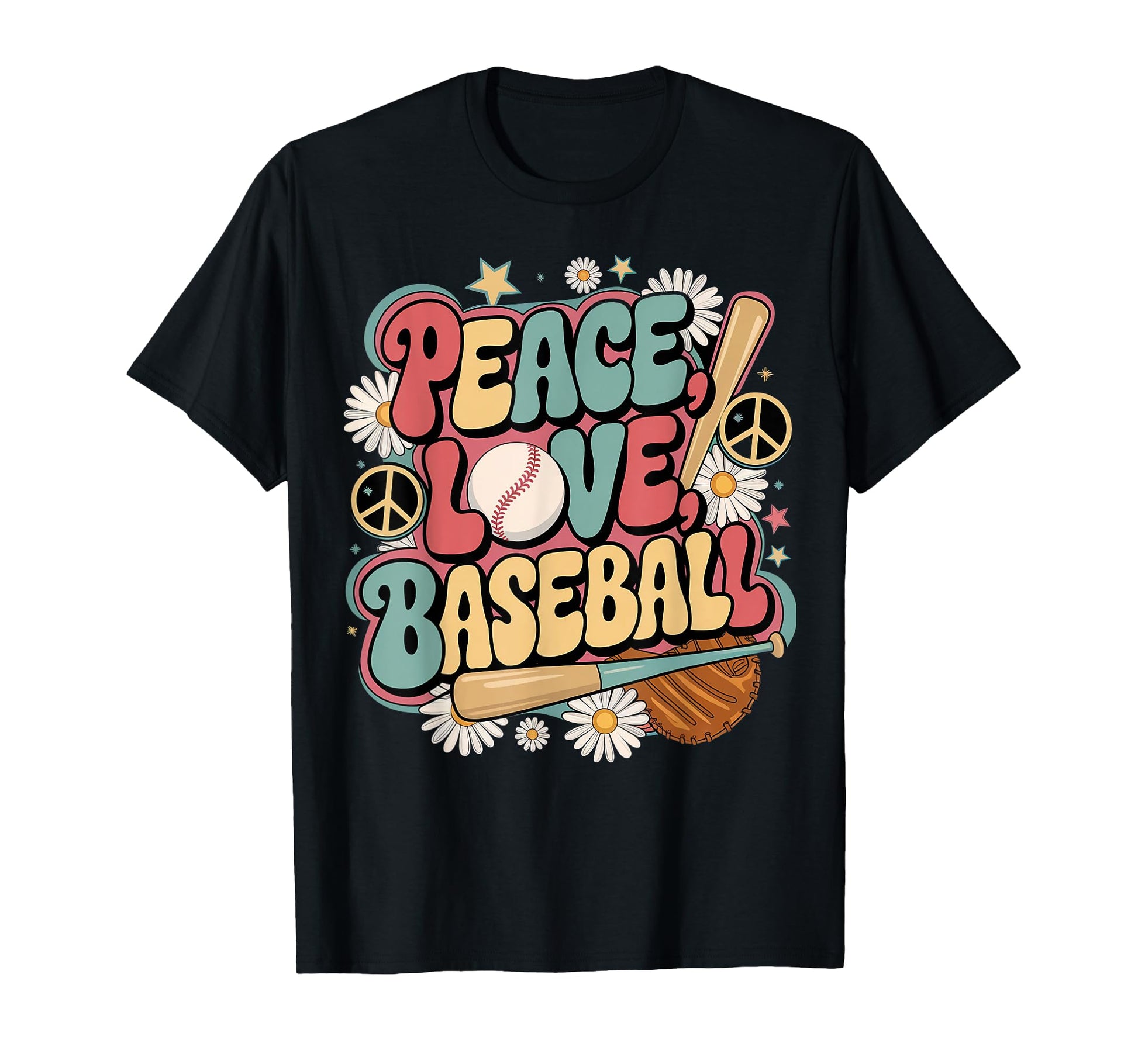 Peace Love Baseball 60S 70S Hippie T-Shirt - Novelty Apparel for Adults - T-Shirt, Sweatshirt, Hoodie