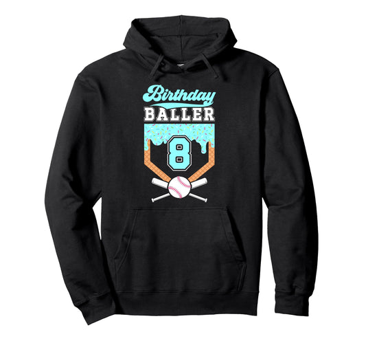 8Th Baseball Birthday Party 8 Year Old Hoodie - Graphic Print for Adults - T-Shirt, Sweatshirt, Hoodie