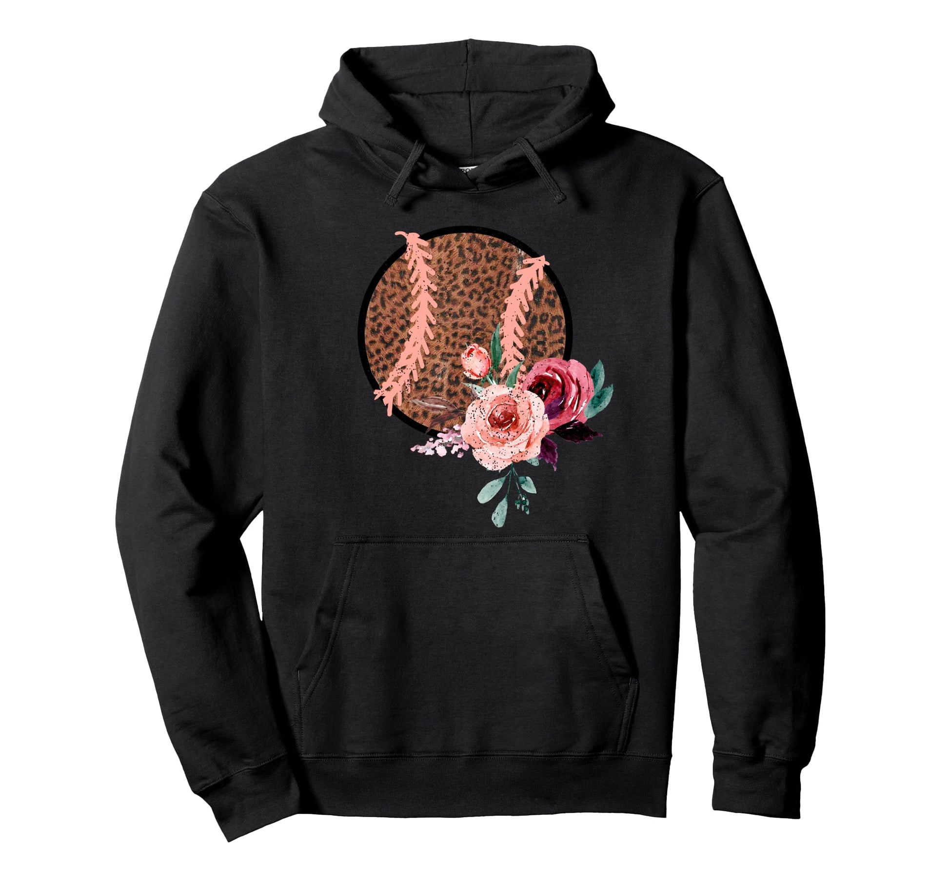 Baseball Softball Leopard Floral Hoodie - Fun Novelty Design for Adults - T-Shirt, Sweatshirt, Hoodie