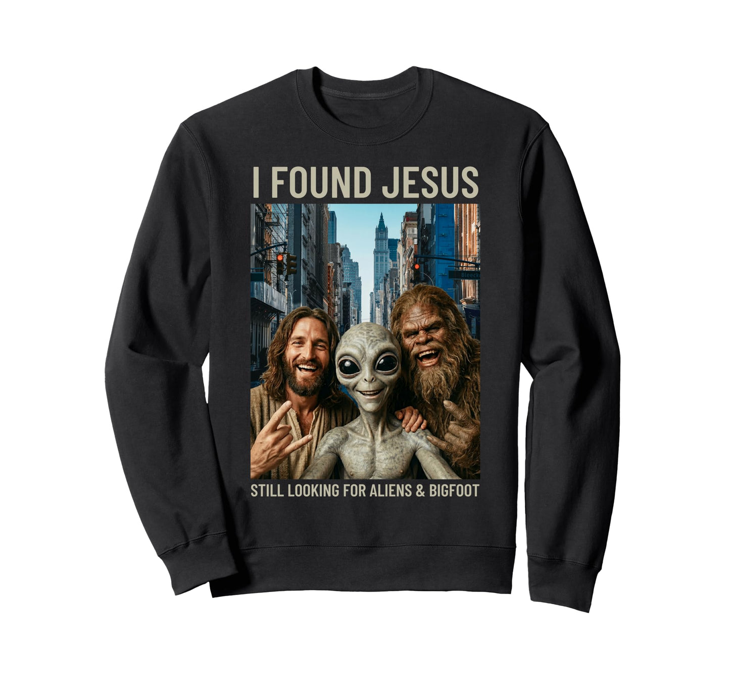 Funny Bigfoot Alien Jesus Rock Hand Sweatshirt - Trendy Graphic Unisex - T-Shirt, Sweatshirt, Hoodie