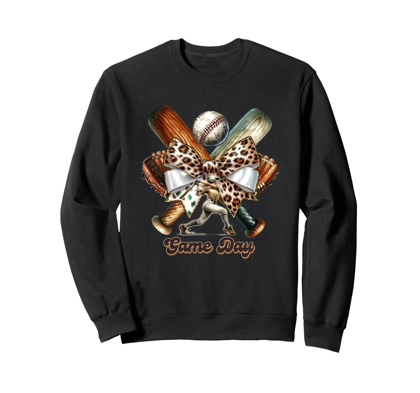 Game Day Baseball Bat Bow Leopard Sweatshirt - Custom Art Print for Adults - T-Shirt, Sweatshirt, Hoodie