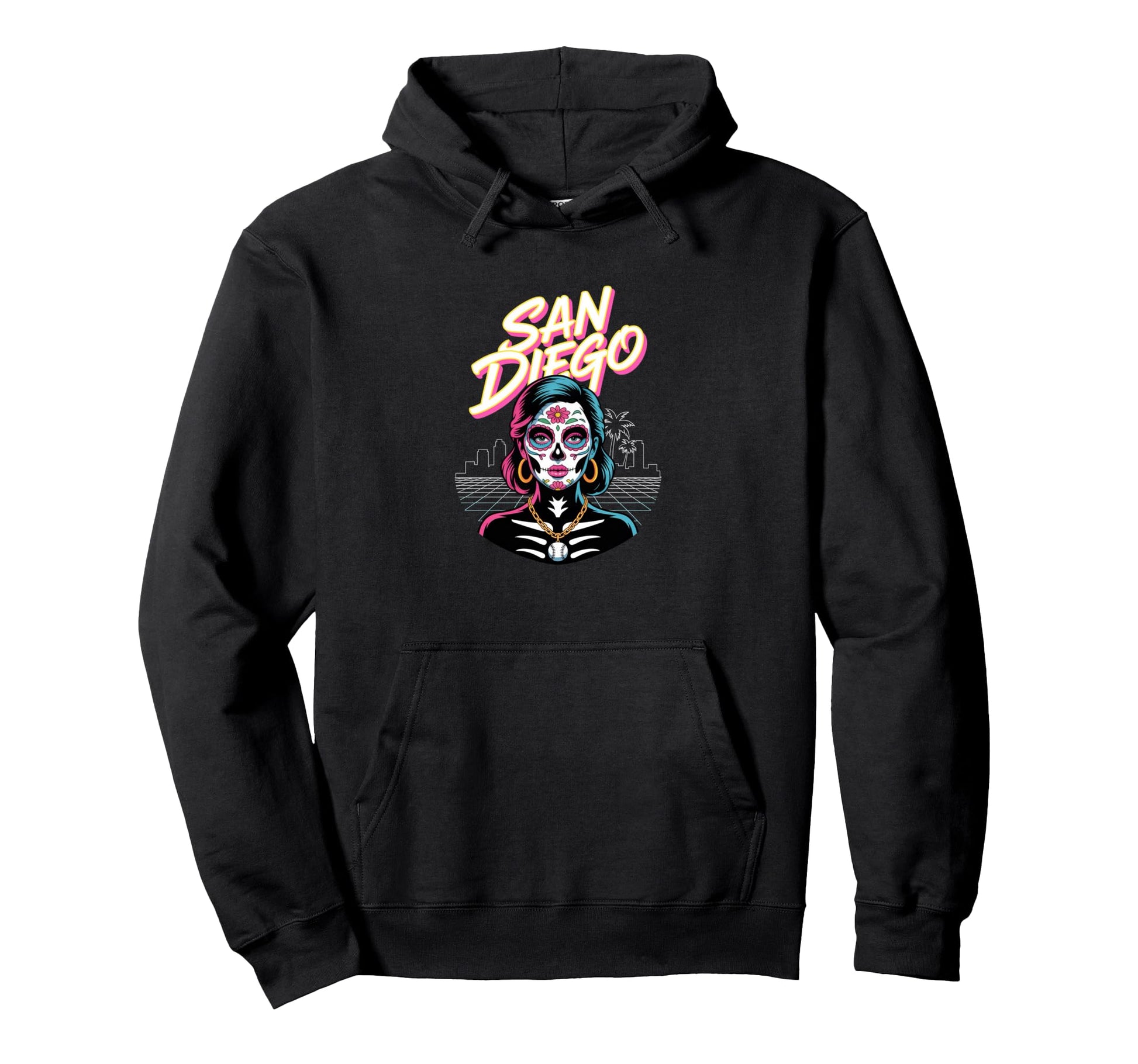 San Diego Sugar Skull Synthwave Baseball Hoodie - Streetwear Style Unisex - T-Shirt, Sweatshirt, Hoodie