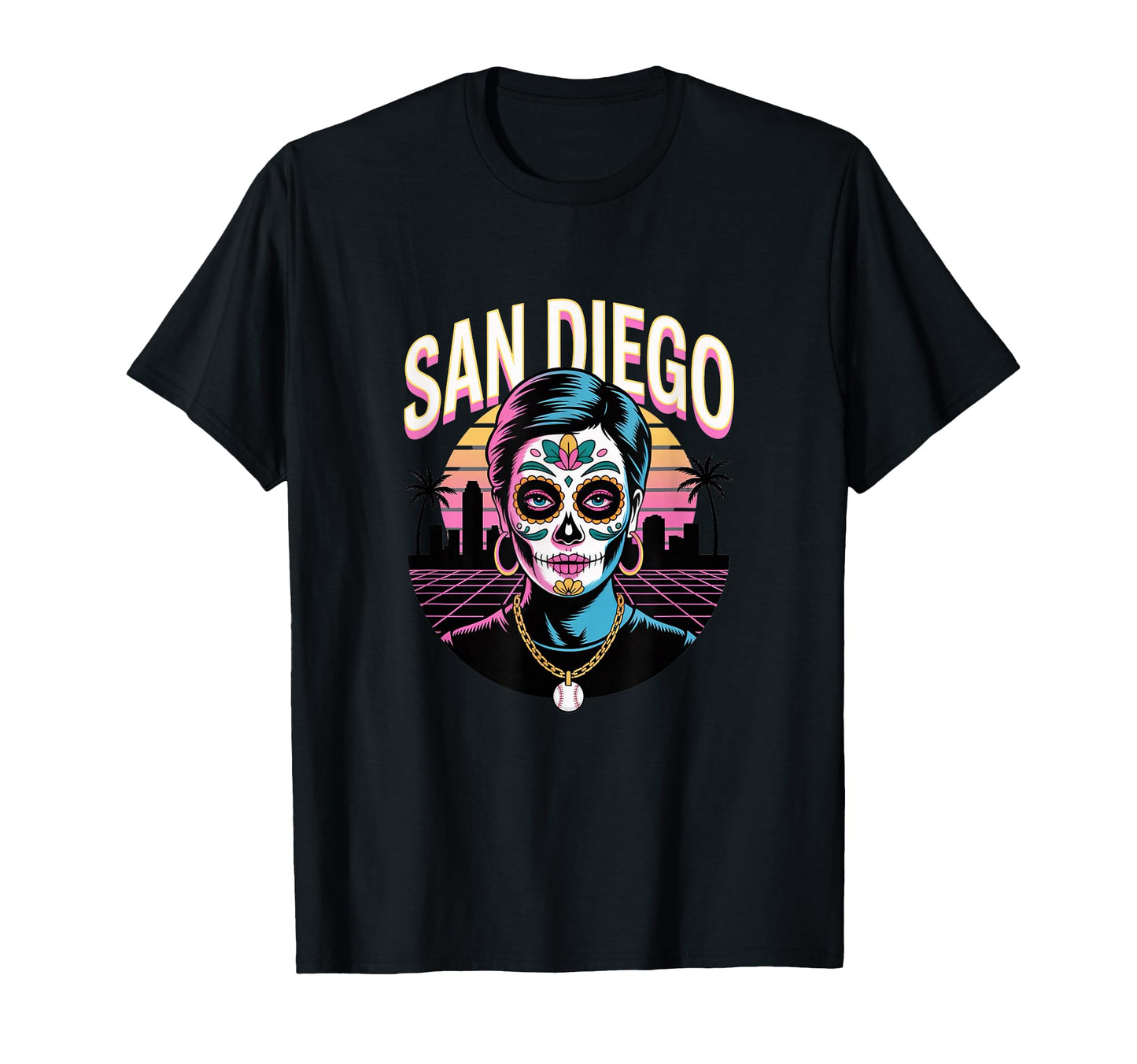San Diego Sugar Skull Synthwave T-Shirt - Casual Everyday Wear Unisex - T-Shirt, Sweatshirt, Hoodie