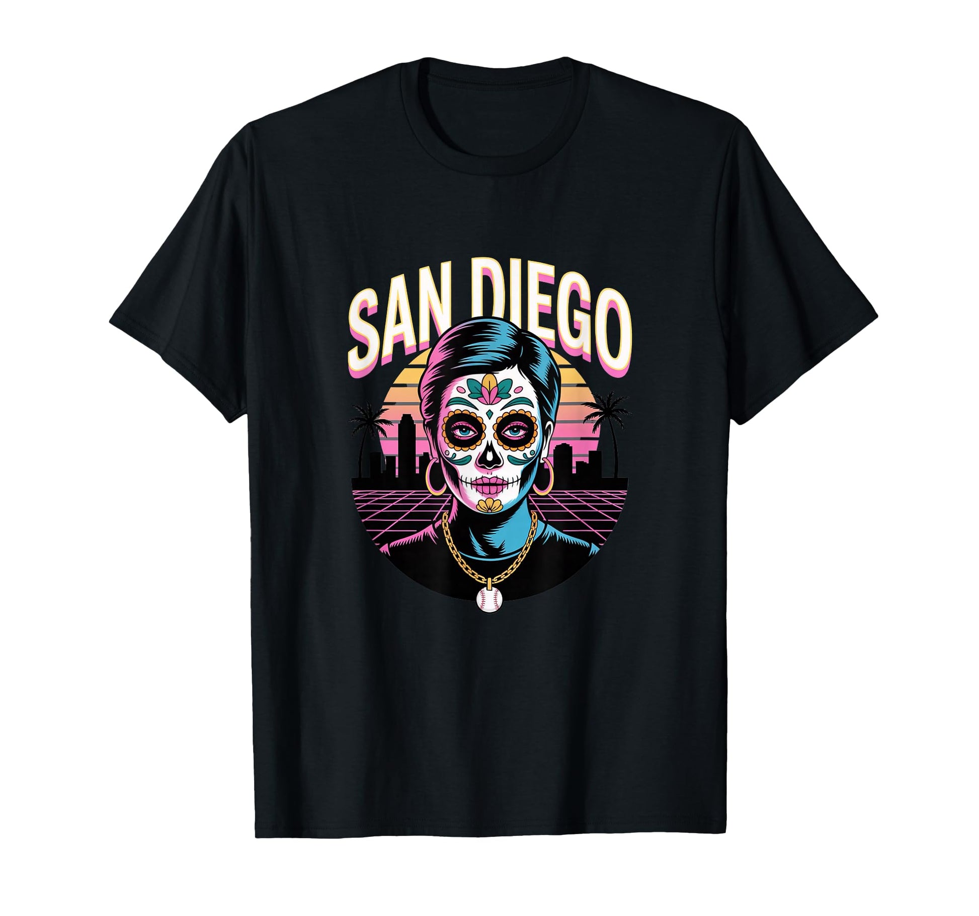 San Diego Sugar Skull Synthwave T-Shirt - Casual Everyday Wear Unisex - T-Shirt, Sweatshirt, Hoodie