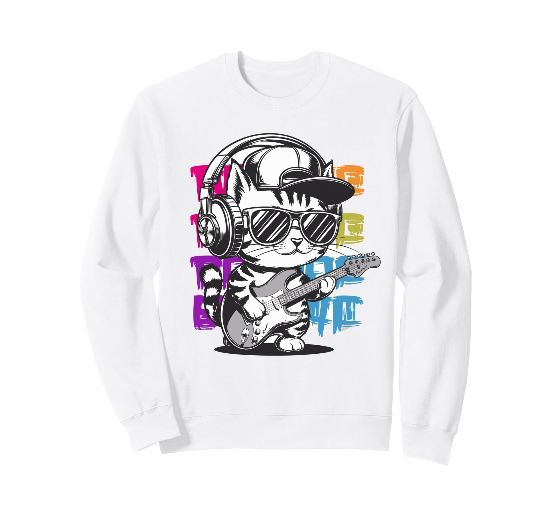 Hip Hop Cat Headphones Electric Sweatshirt - Custom Art Print for Adults - T-Shirt, Sweatshirt, Hoodie