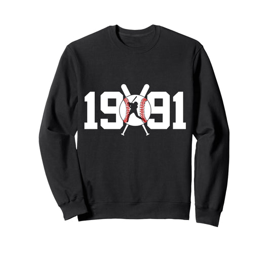 1991 Baseball 34Th Birthday Sweatshirt - Fun Novelty Design for Adults - T-Shirt, Sweatshirt, Hoodie