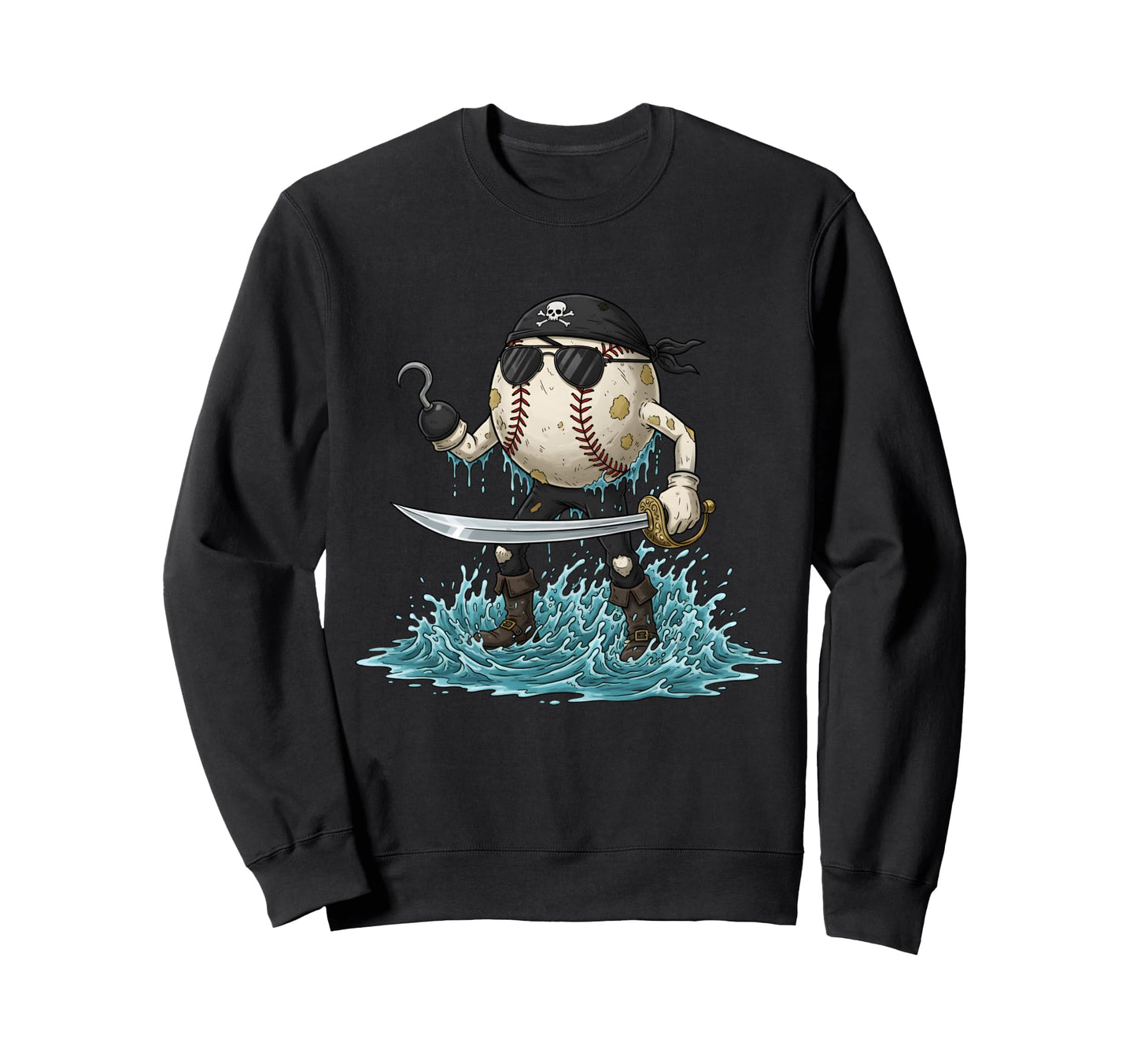 Pirate Baseball Cartoon Skull Hook Sweatshirt - Fun Novelty Design Unisex - T-Shirt, Sweatshirt, Hoodie