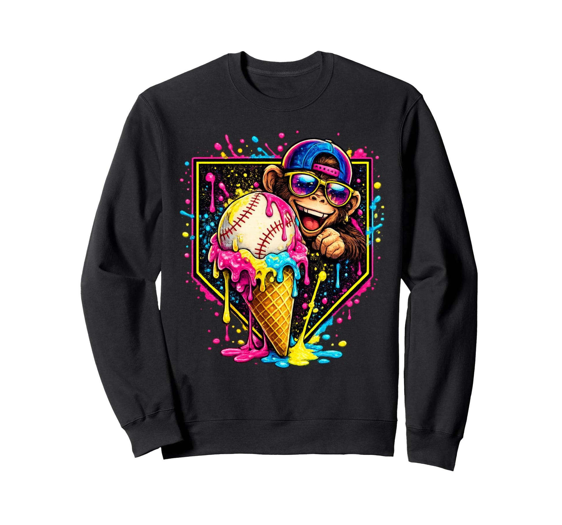 Monkey Funny Animals Baseball Ice Cream Sweatshirt - Graphic Print Unisex - T-Shirt, Sweatshirt, Hoodie