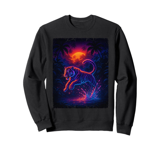 80S Jungle Tiger Vaporwave Sweatshirt - Novelty Apparel for Adults - T-Shirt, Sweatshirt, Hoodie
