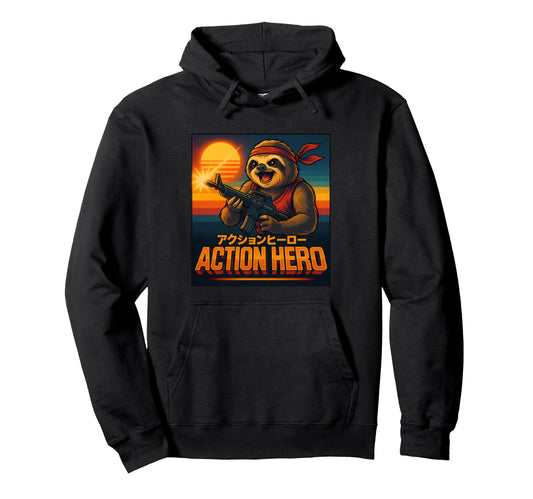 Action Hero Sloth Warrior 80S Synthwave Hoodie - Trendy Graphic Unisex - T-Shirt, Sweatshirt, Hoodie