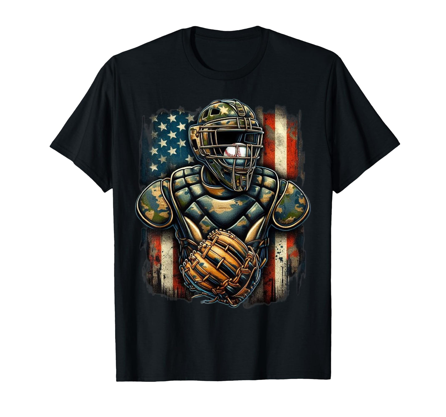 Patriotic Baseball Catcher Camo American T-Shirt - Graphic Print Unisex - T-Shirt, Sweatshirt, Hoodie