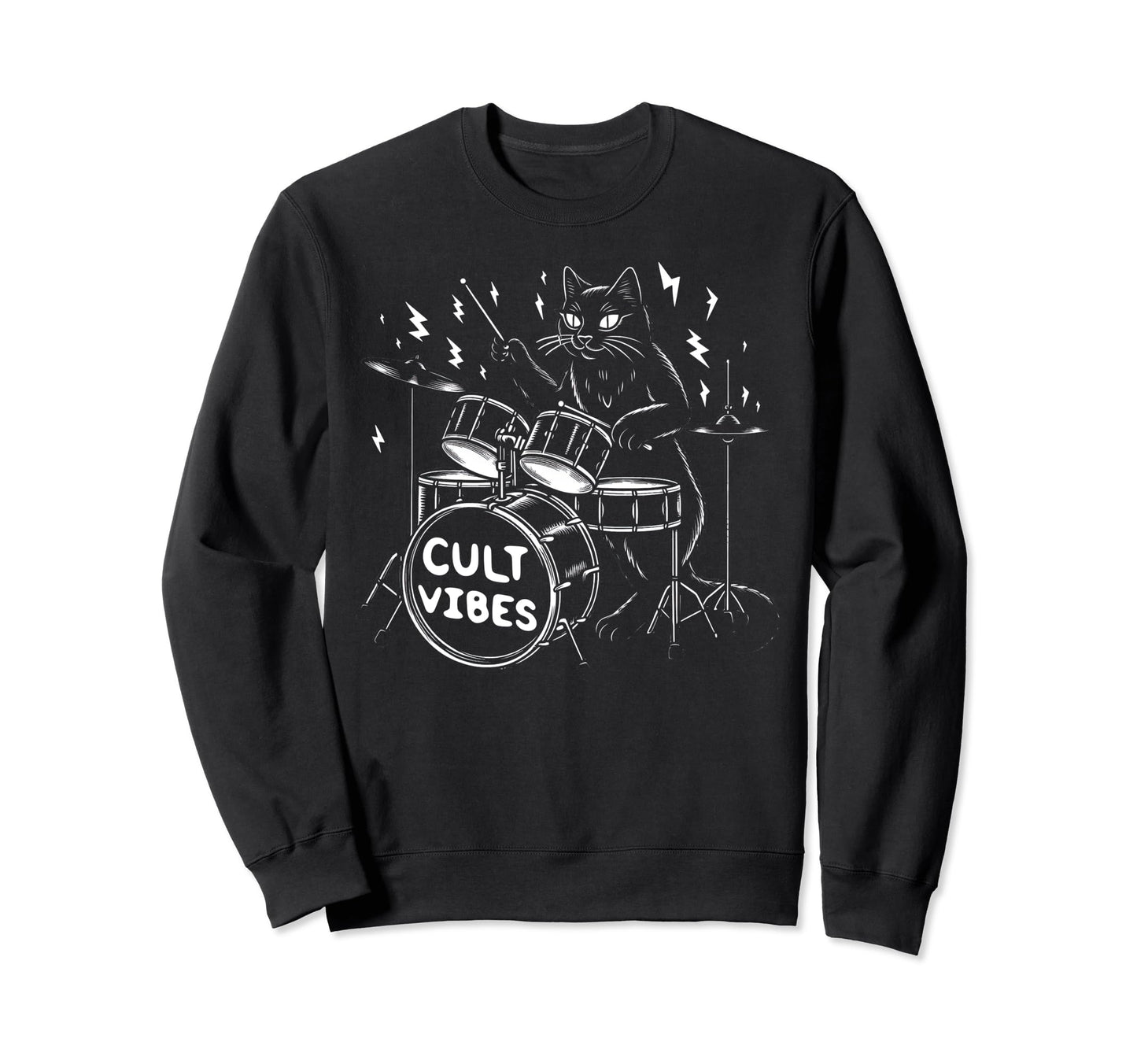 Death Metal Satanic Cat Playing Drums Sweatshirt - Unique Graphic Unisex - T-Shirt, Sweatshirt, Hoodie