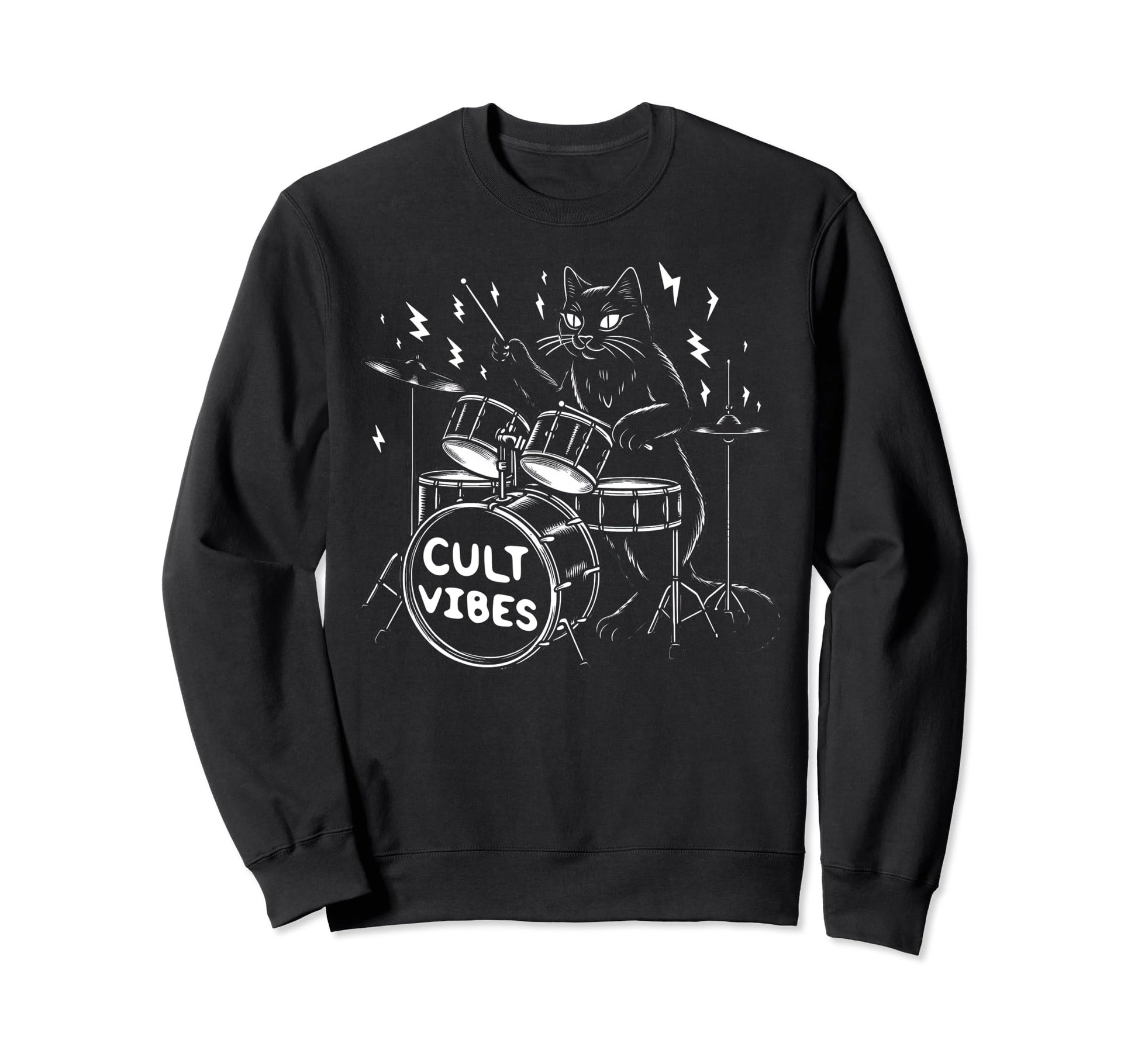 Death Metal Satanic Cat Playing Drums Sweatshirt - Unique Graphic Unisex - T-Shirt, Sweatshirt, Hoodie