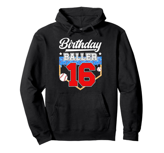 16Th Baseball Birthday 16 Year Old Hoodie - Novelty Apparel Unisex - T-Shirt, Sweatshirt, Hoodie