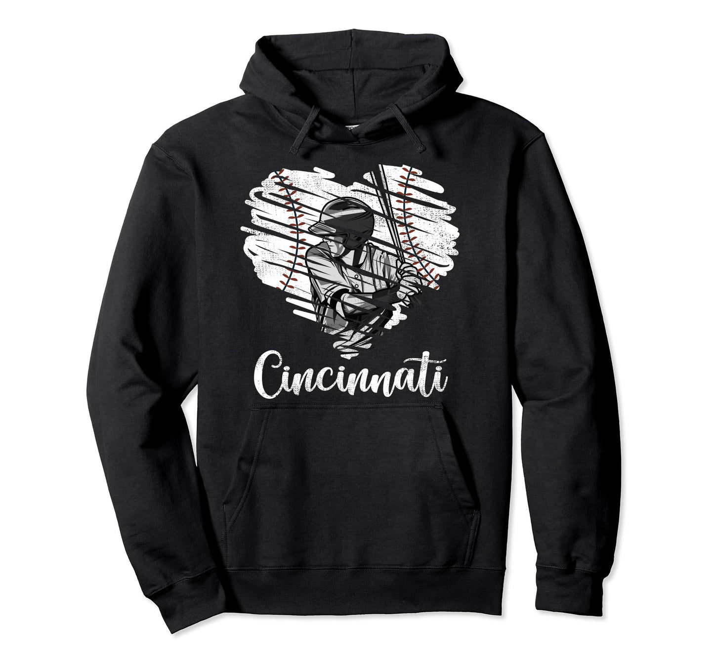 Cincinnati Baseball Heart Distressed Hoodie - Custom Art Print Unisex - T-Shirt, Sweatshirt, Hoodie